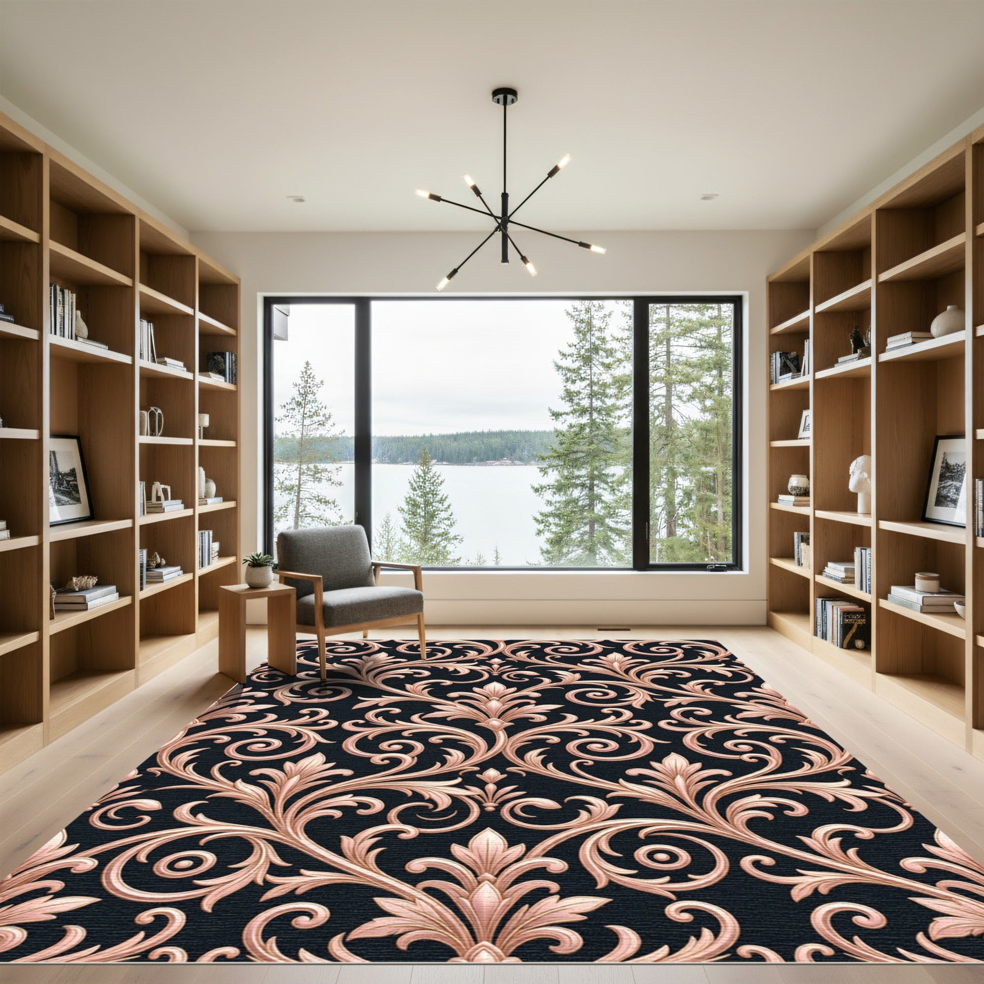 Rose Gold Nouveau Scrollwork Black Rug