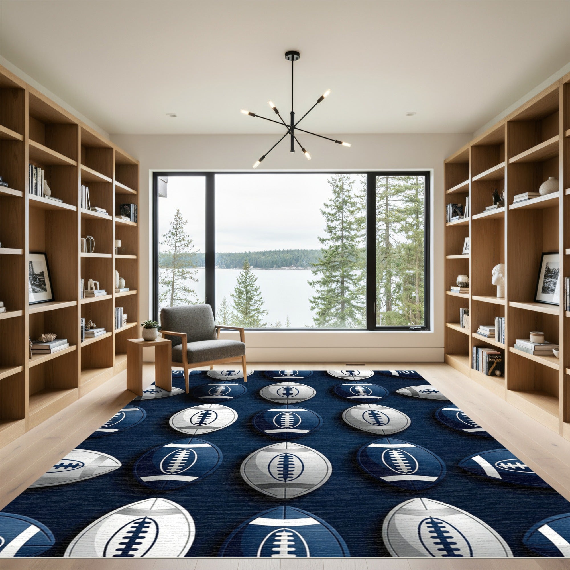 Navy Blue White American Football Grid Rug
