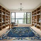 Elegant Navy Peony Wreath Ribbon Frame Rug