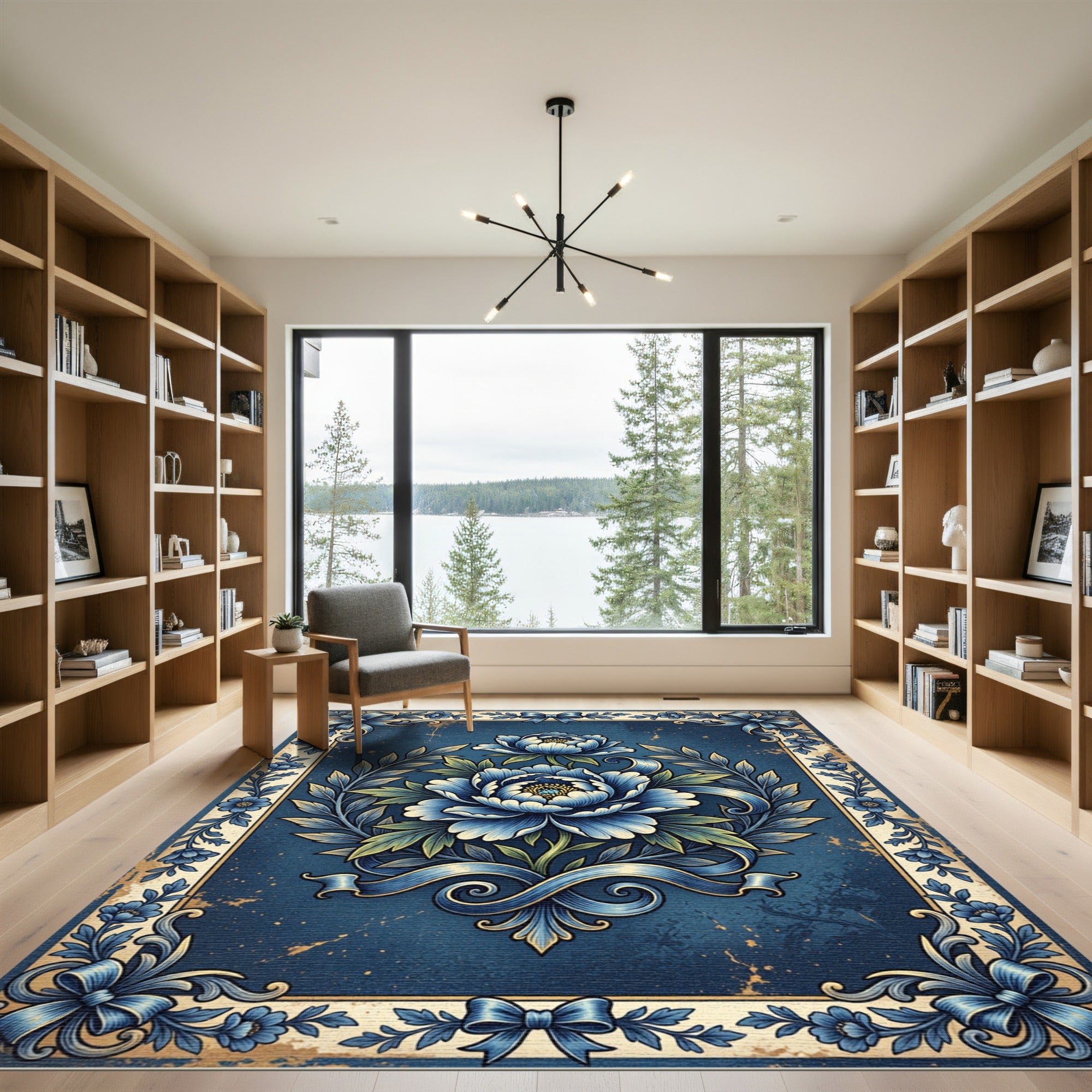 Elegant Navy Peony Wreath Ribbon Frame Rug