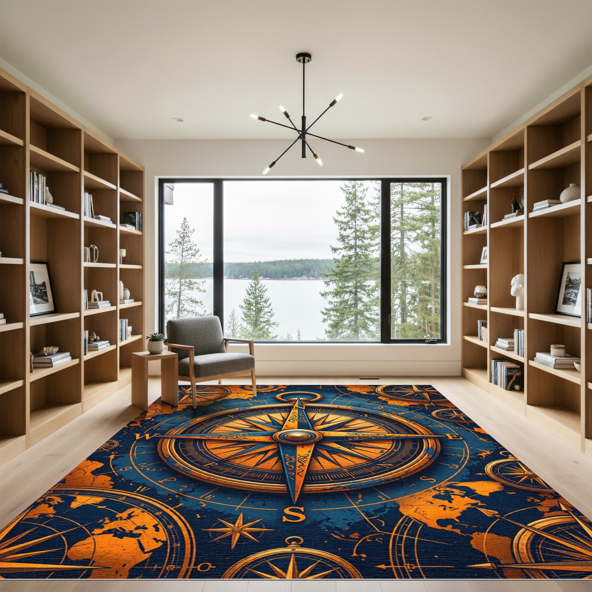 Blue and Gold Compass Map Rug