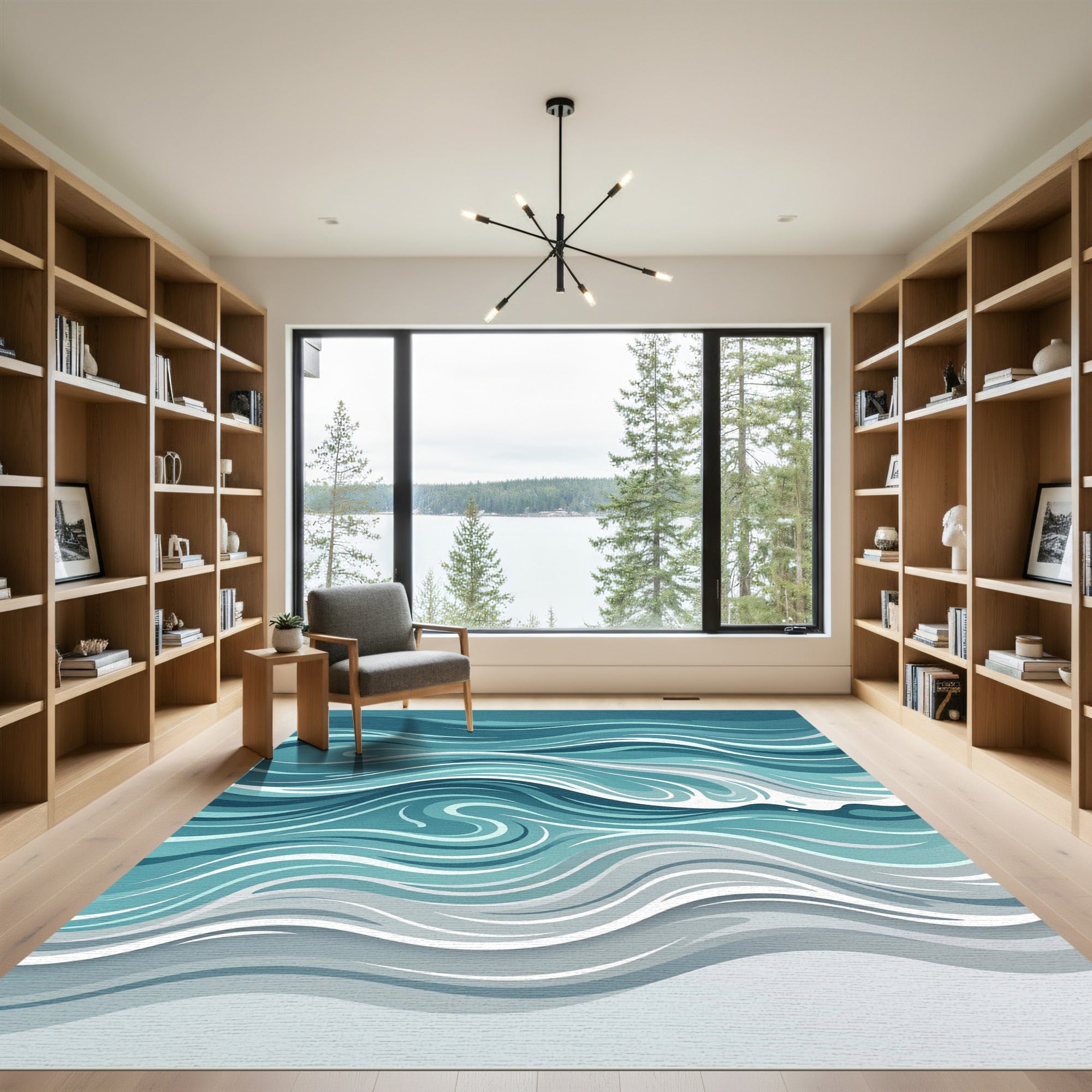Abstract Teal Blue Ocean Wave Area Rug
