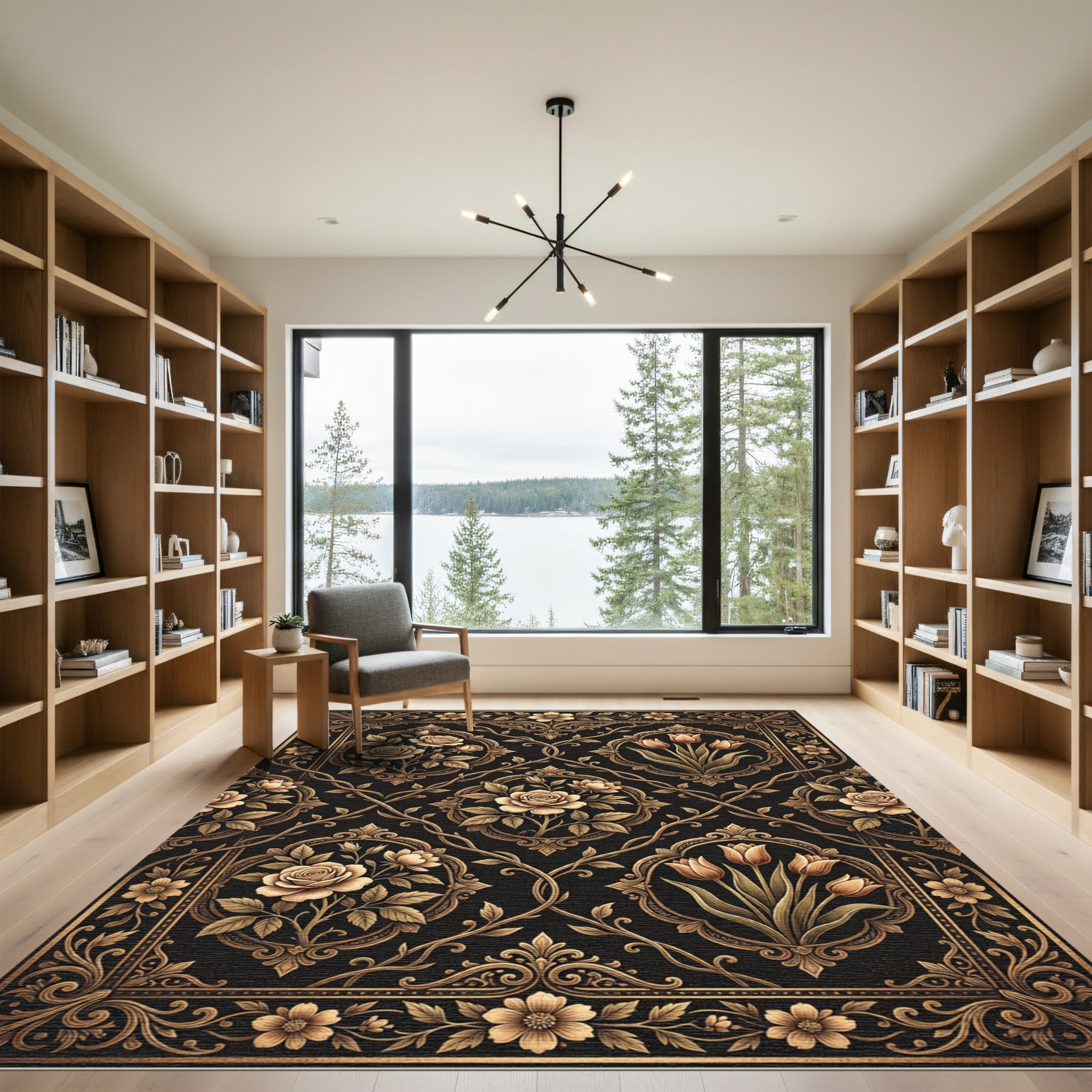 Ornate Black Gold Floral Vines Rug