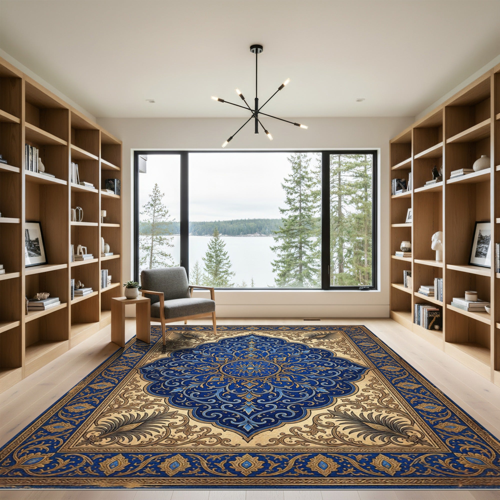 Ornate Indigo Floral Medallion Scroll Rug