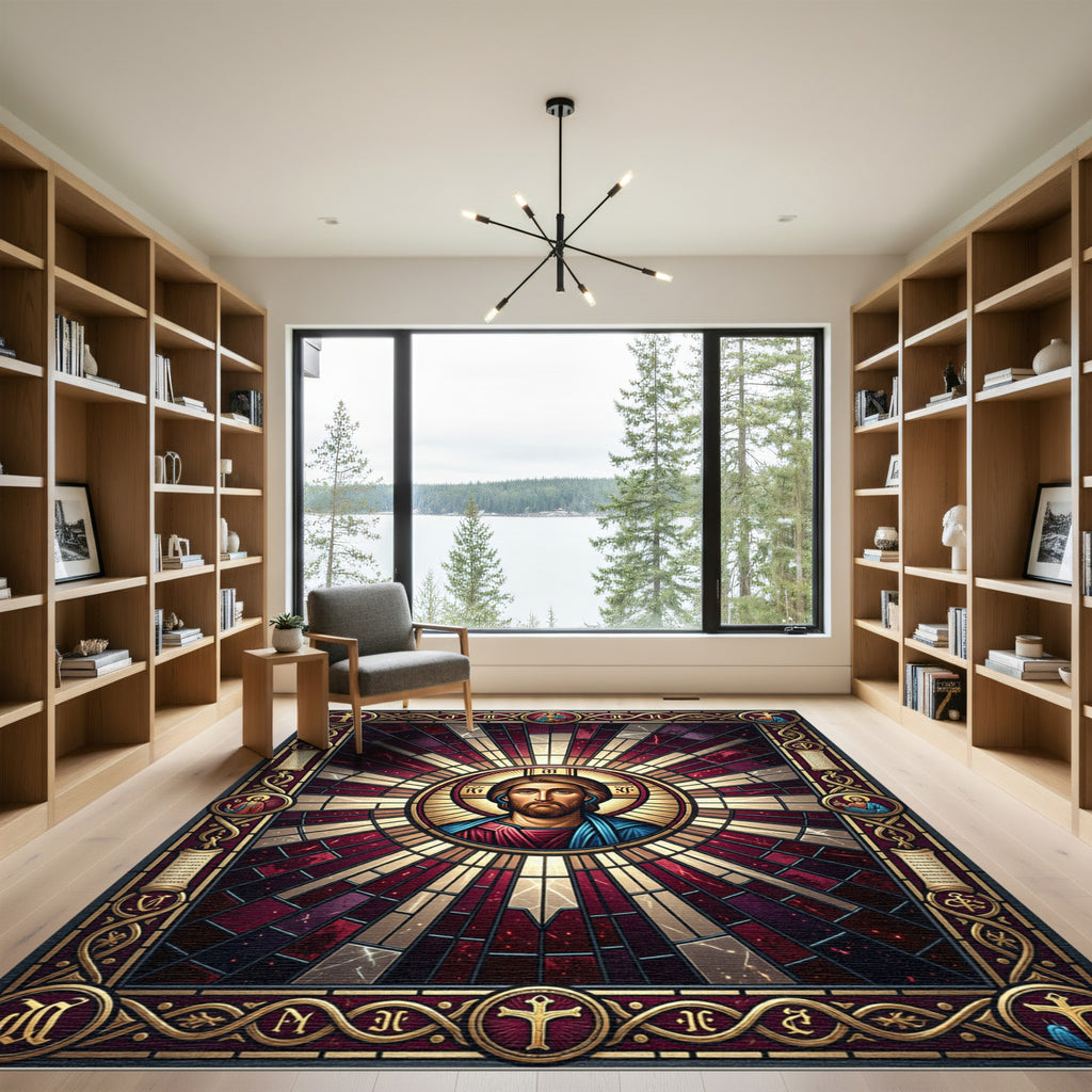 Sacred Golden Christ Radiant Stained Glass Rug
