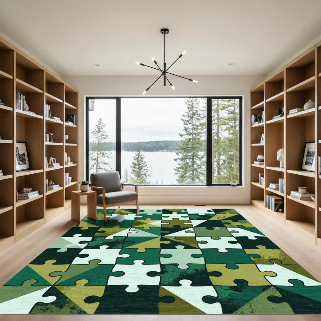 Geometric Olive Mosaic Jigsaw Illustration Rug