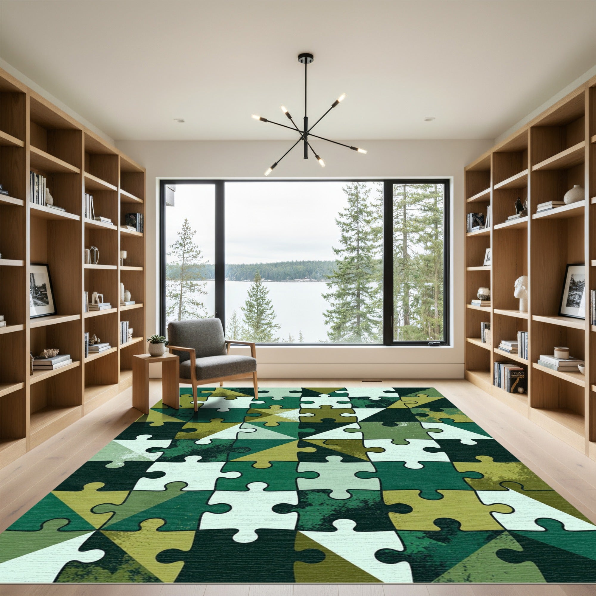 Geometric Olive Mosaic Jigsaw Illustration Rug