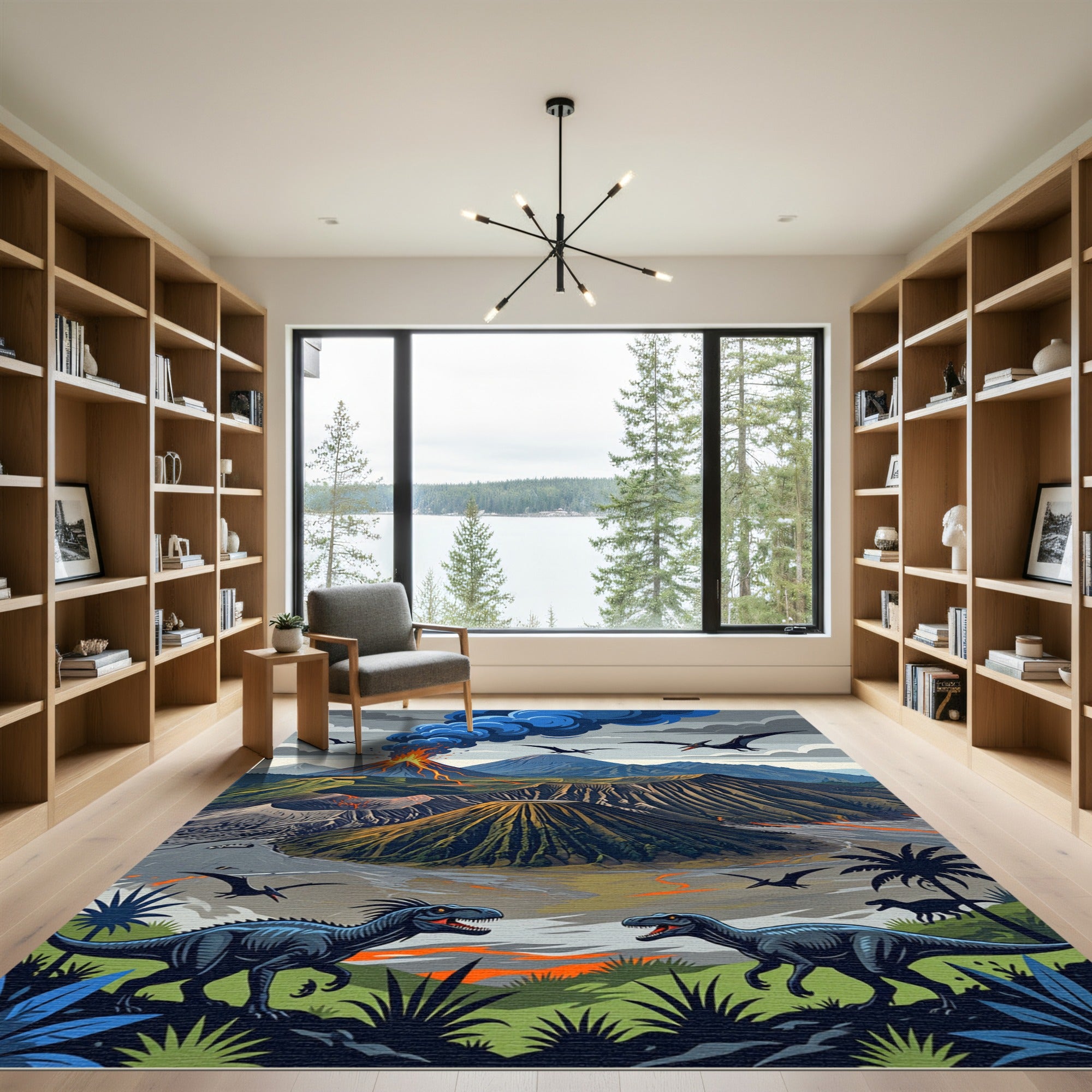 Volcanic Dinosaur Landscape Mountain Art Rug