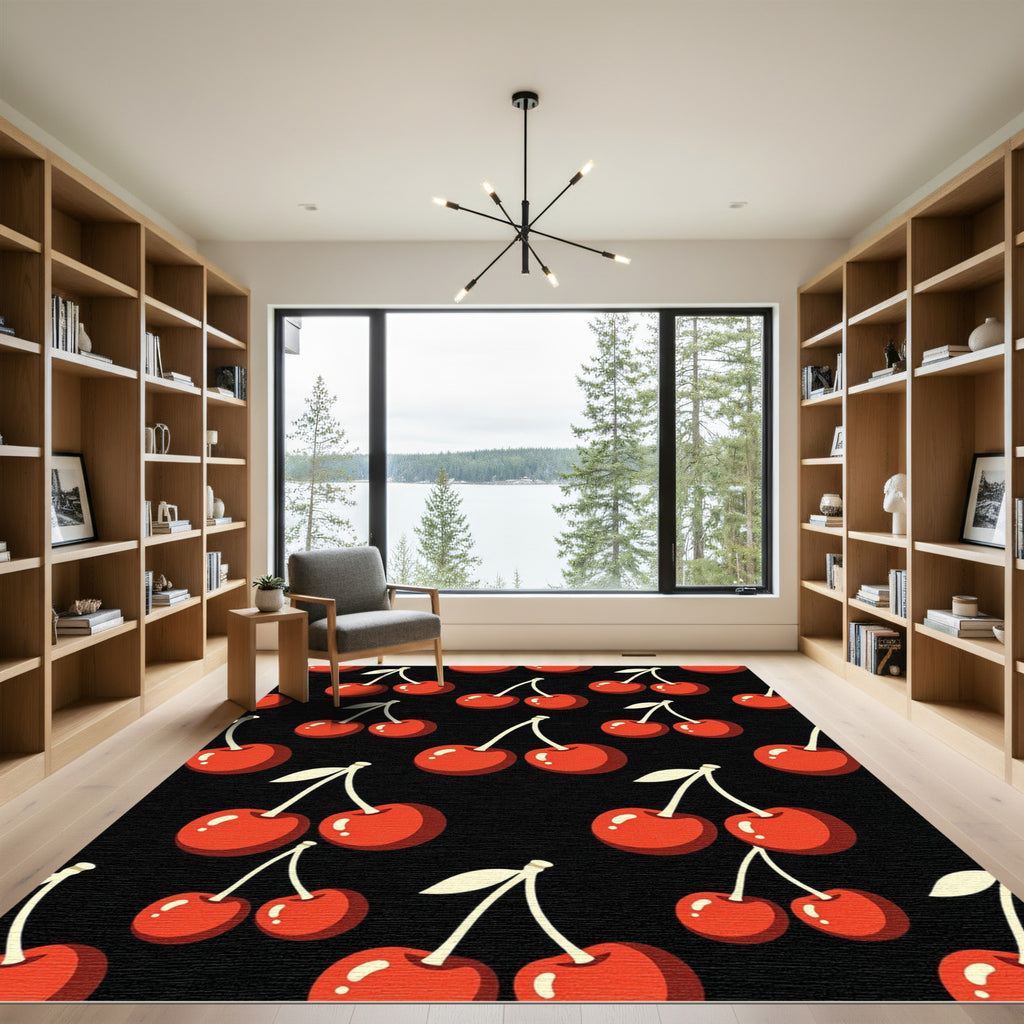 Vibrant Retro Cherry Black Wall Art Rug