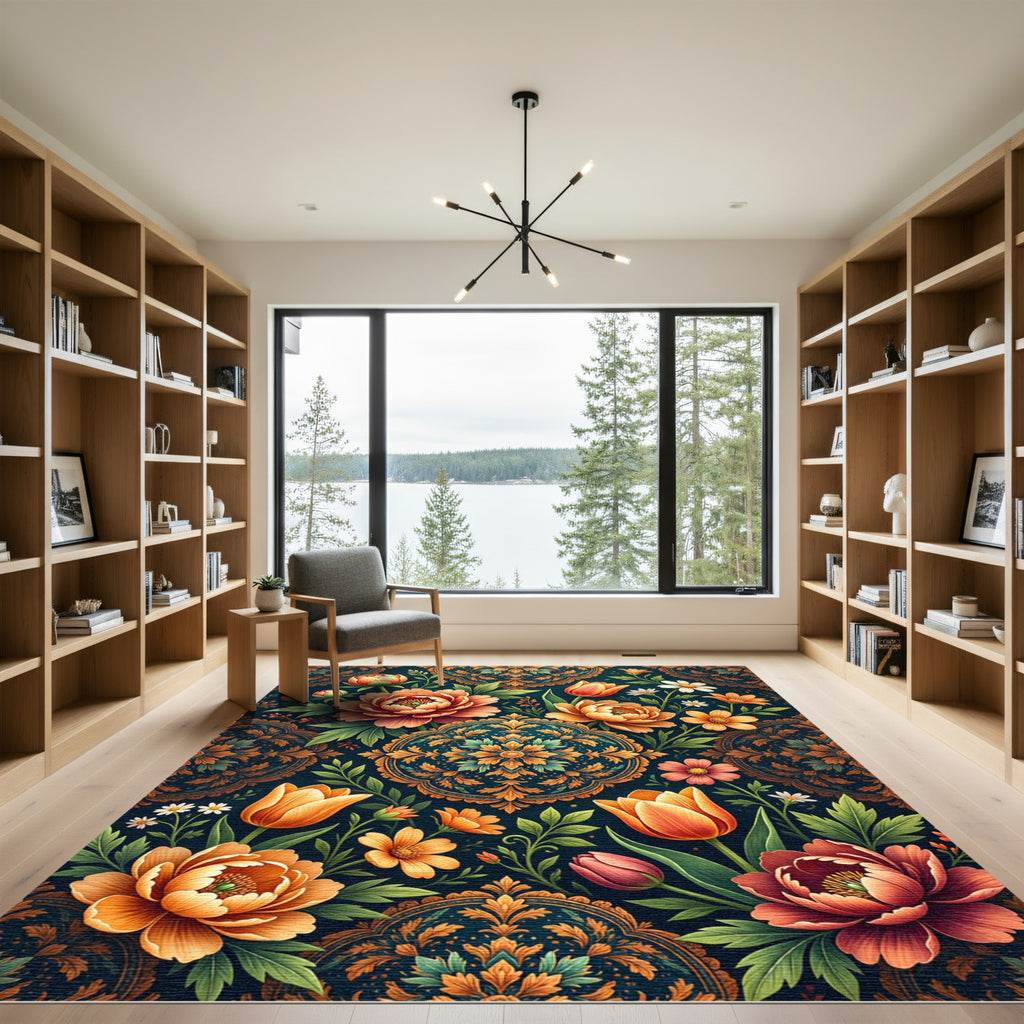 Ornate Orange Floral Medallion Garden Rug