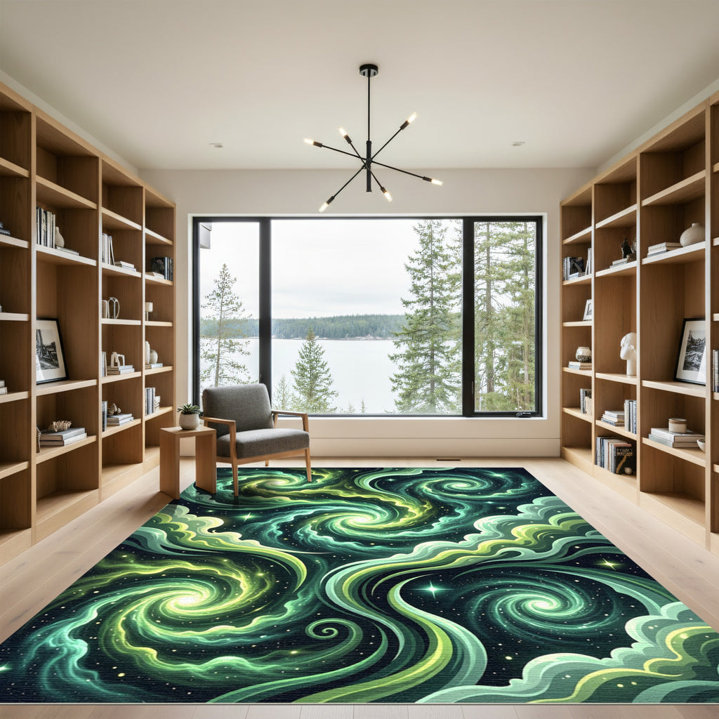 Vibrant Green Swirls Cosmic Galaxy Rug