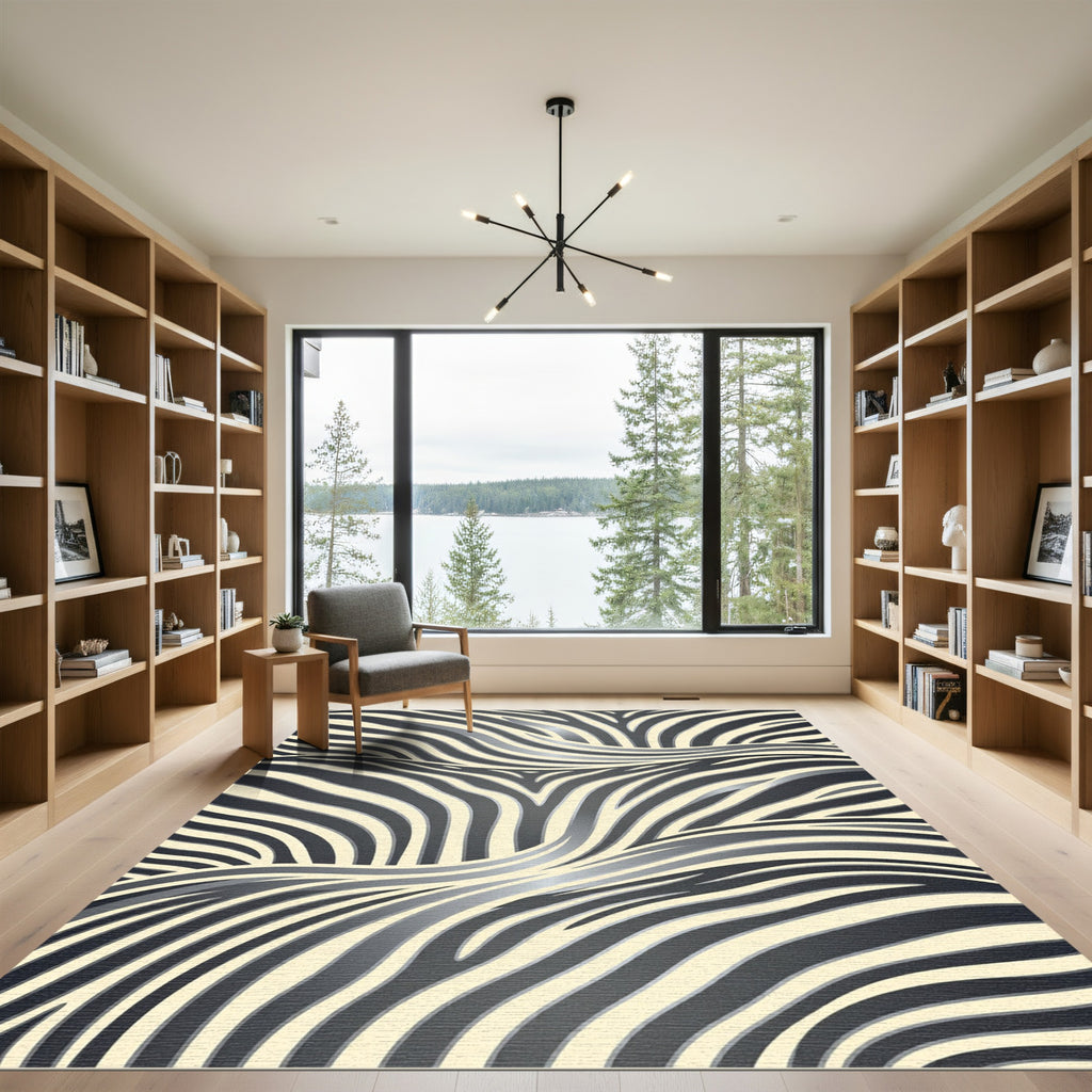 Modern Abstract Monochrome Wavy Zebra Rug