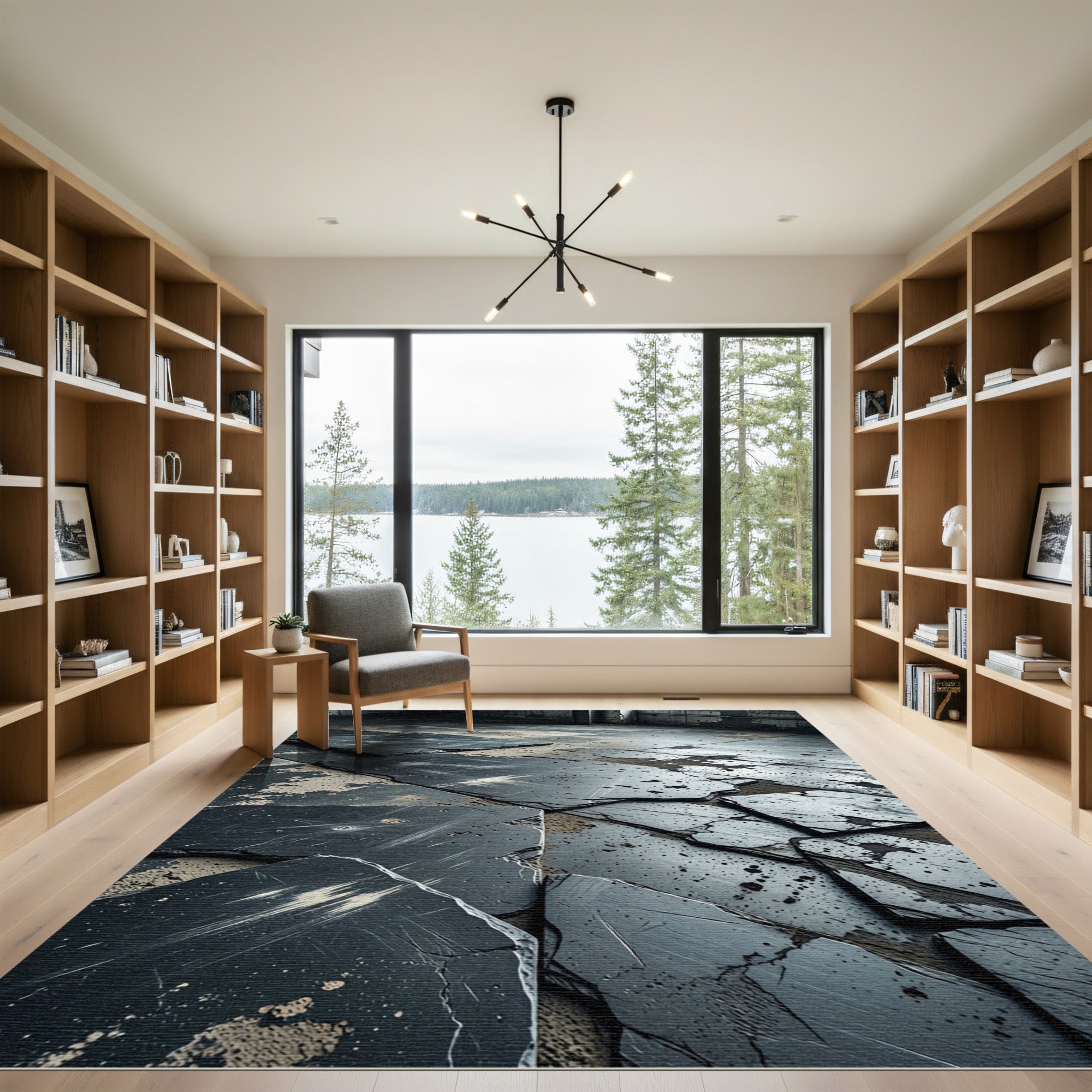 Cracked Slate Texture Black Abstract Rug