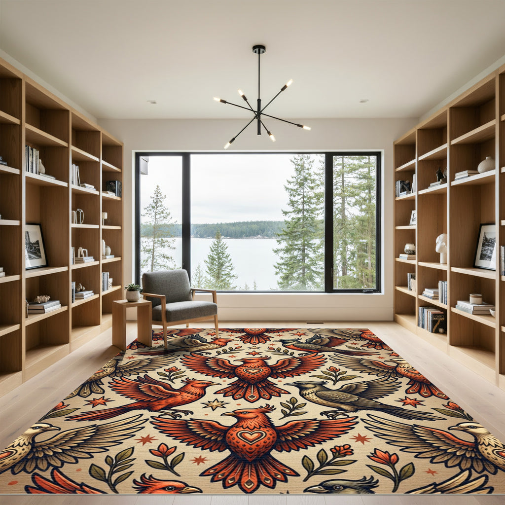 Vintage Crimson Avian Heart Star Tapestry Rug