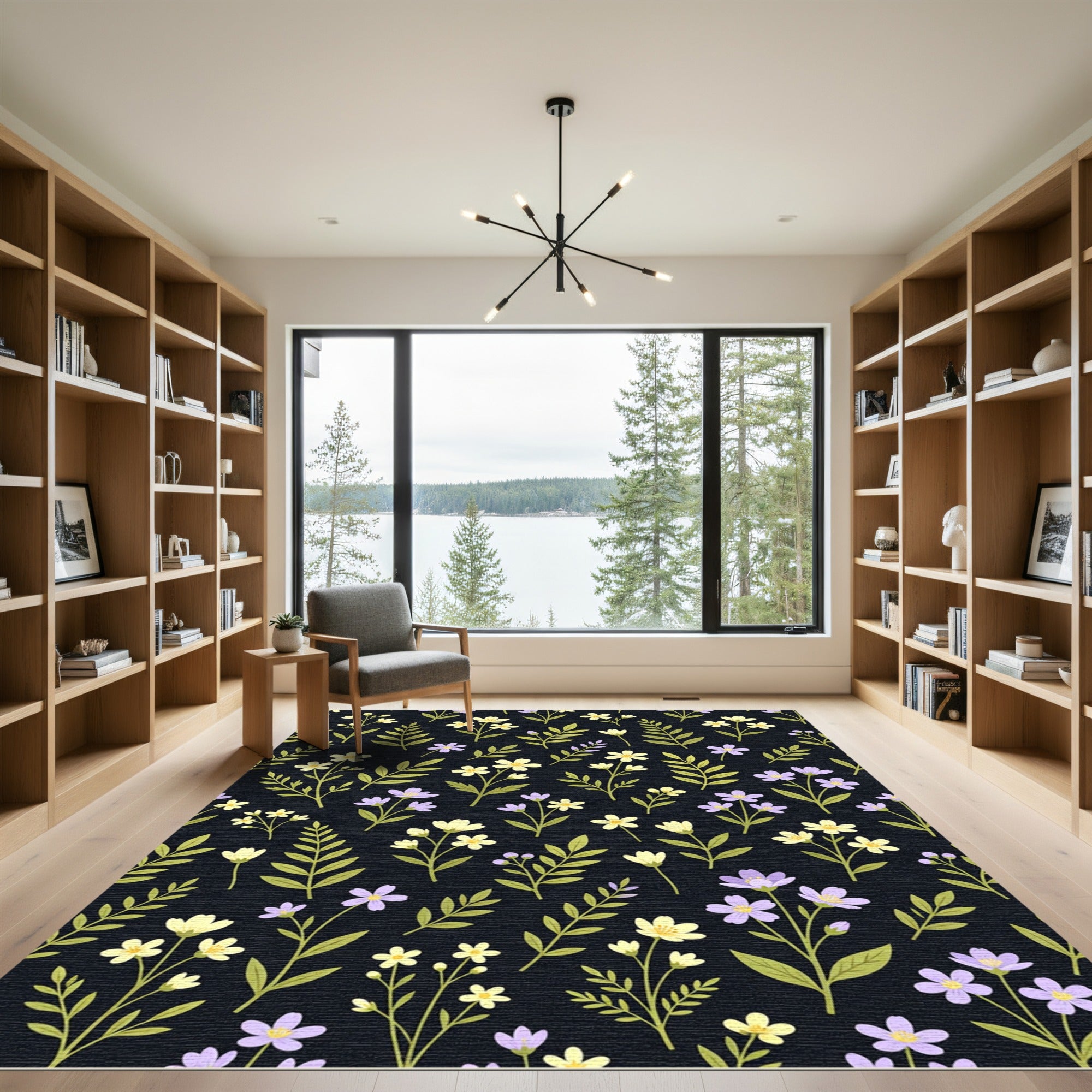 Delicate Yellow Purple Flower Dark Rug