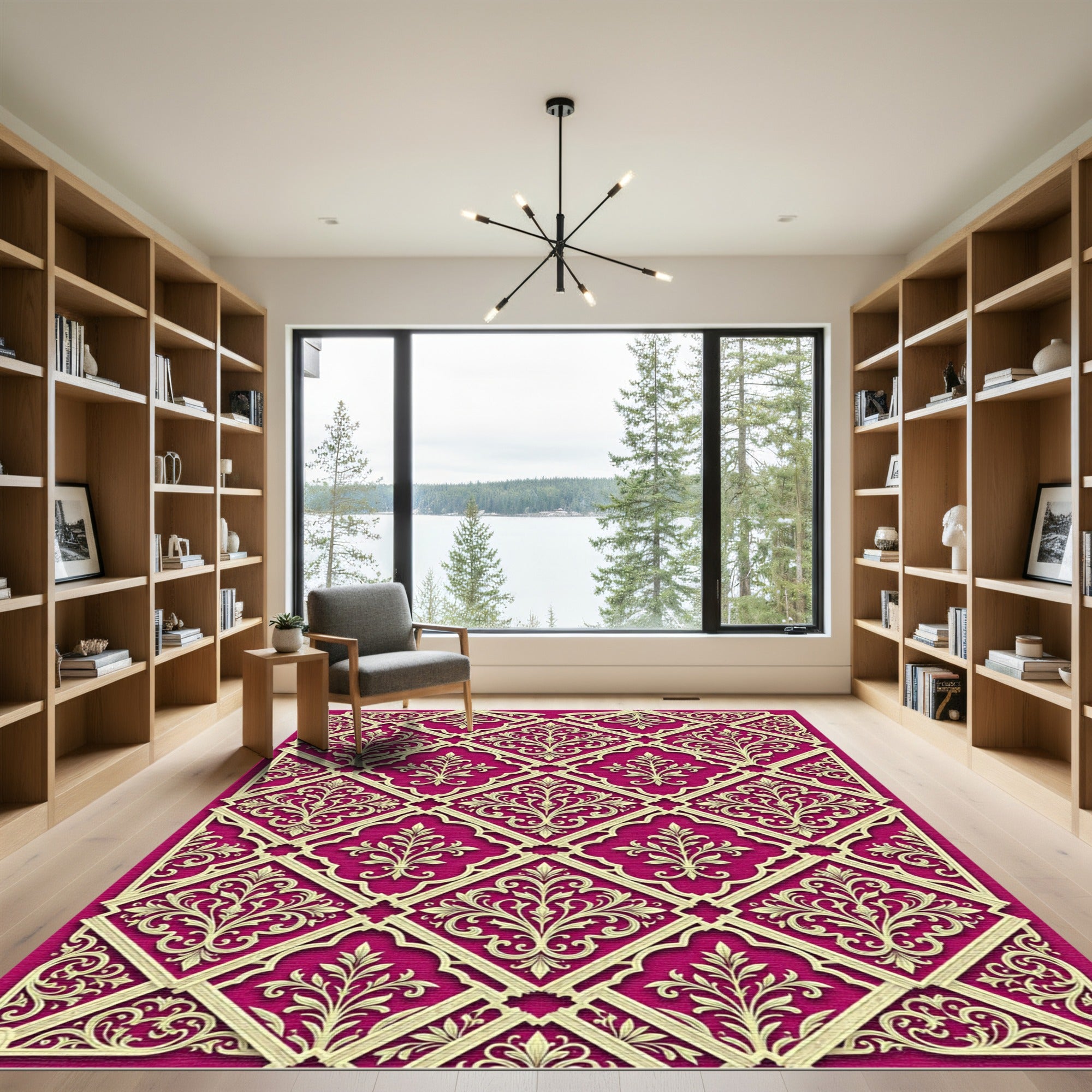 Elegant Crimson Gold Lattice Damask Rug