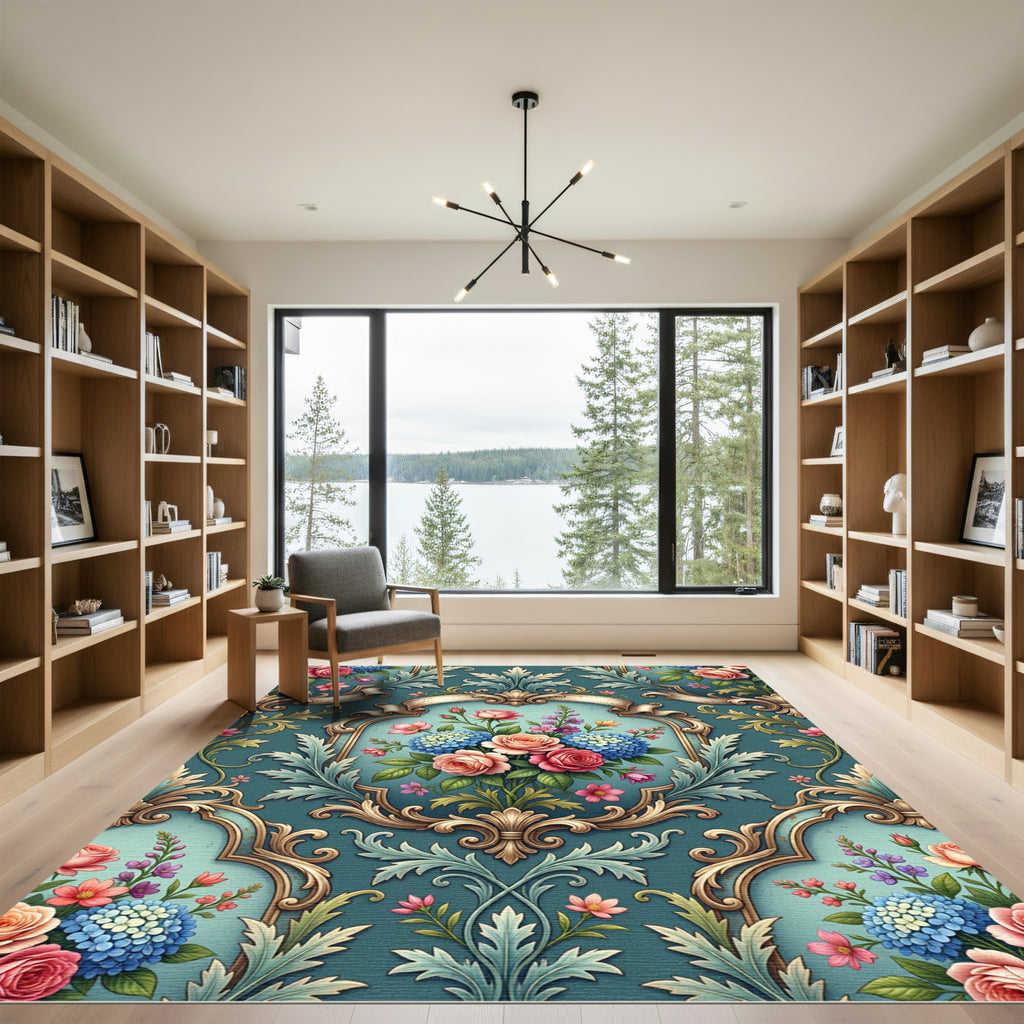 Ornate Baroque Blue Rose Bouquet Rug