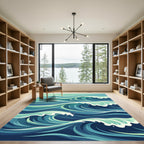 Dynamic Teal Oceanic Wave Abstract Rug