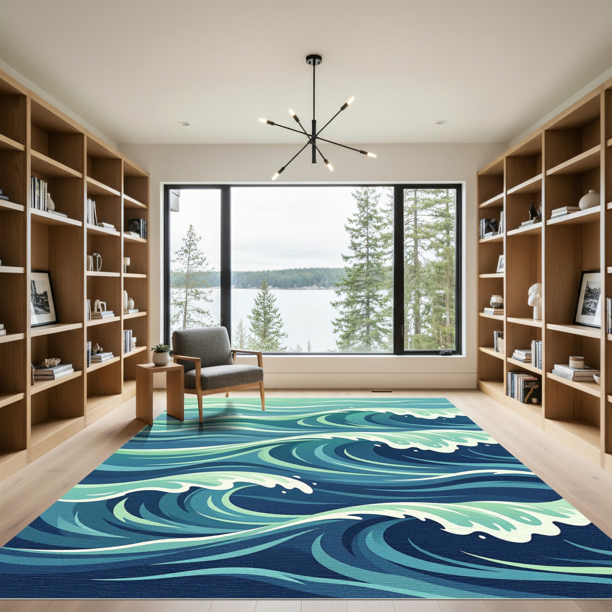 Dynamic Teal Oceanic Wave Abstract Rug