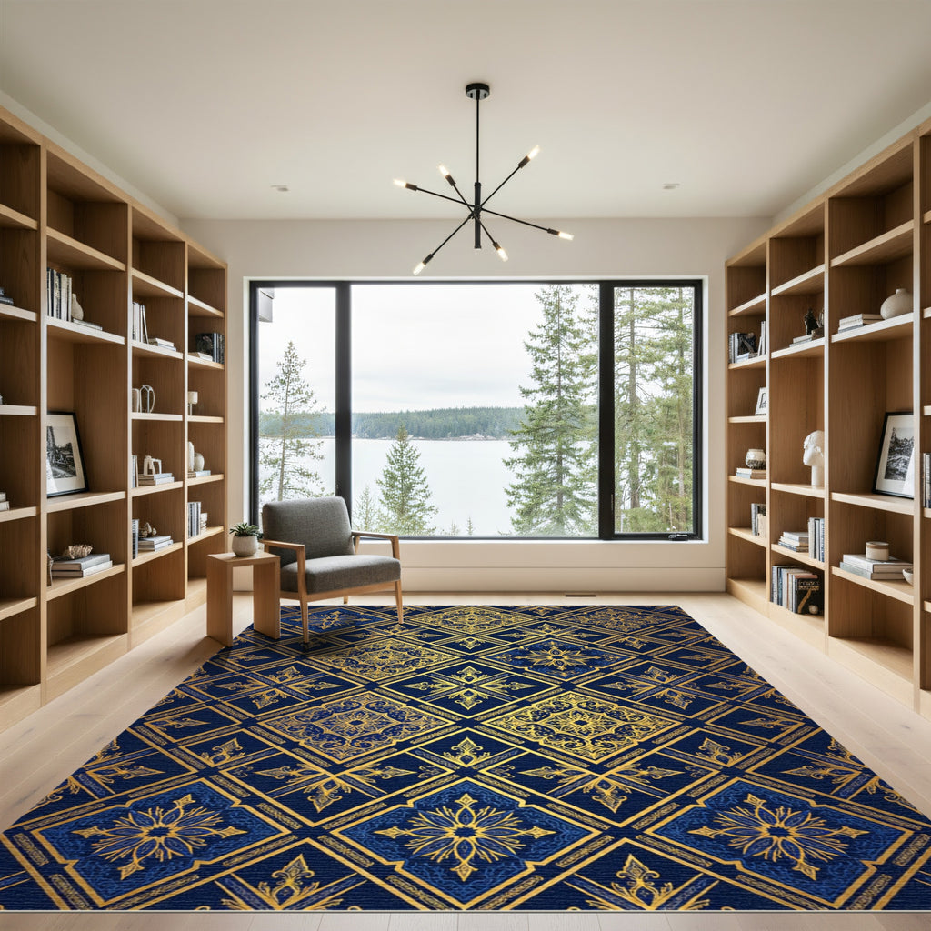 Opulent Gold Navy Damask Geometric Rug