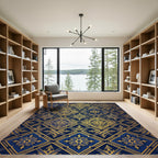 Opulent Gold Navy Damask Geometric Rug