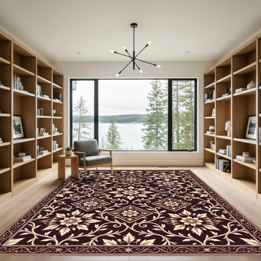 Deep Burgundy Floral Vine Medallion Rug