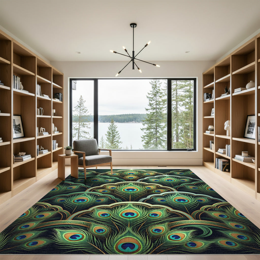 Art Deco Peacock Feather Emerald Teal Rug