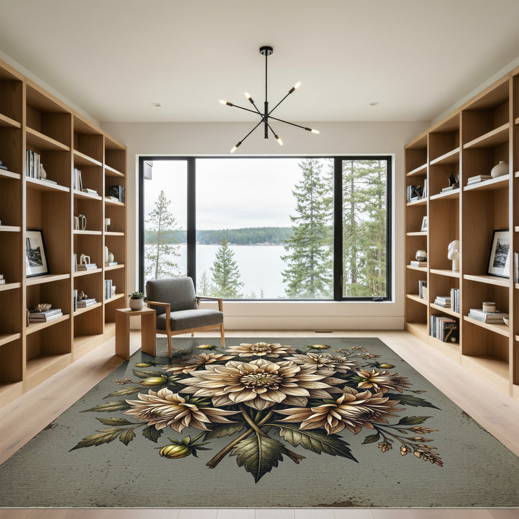 Muted Beige Ethereal Dalia Floral Composition Rug