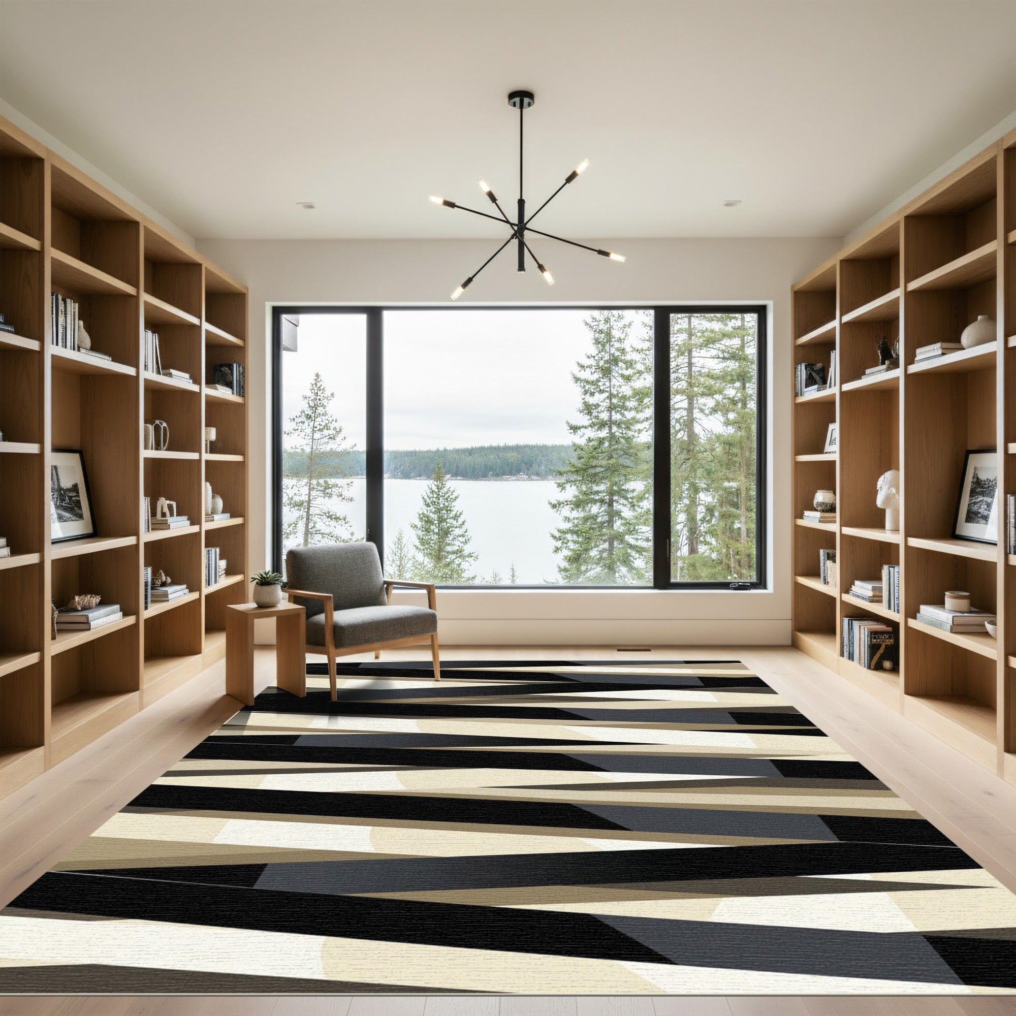Black Beige Geometric Stripe Rug