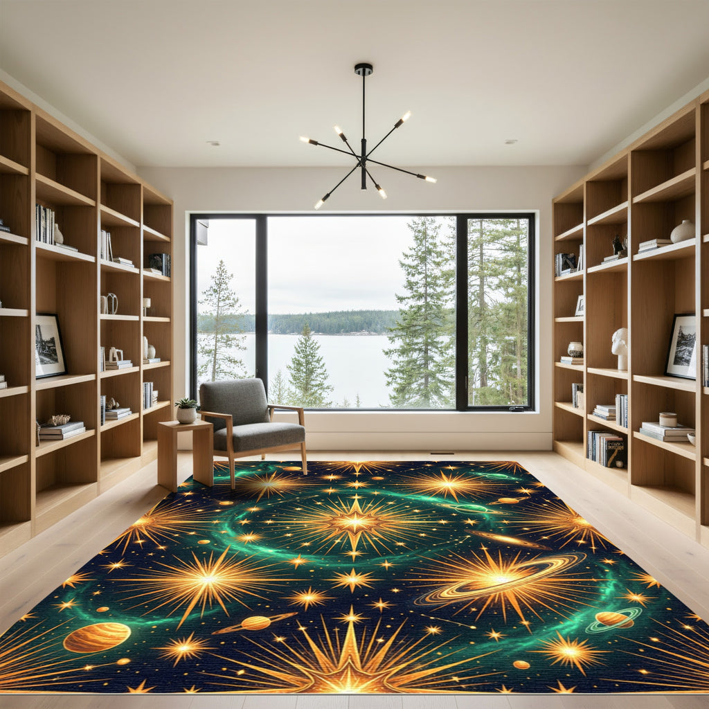 Celestial Golden Starry Galaxy Rug