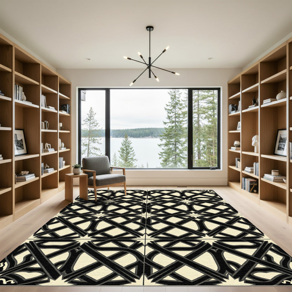 Elegant Black and Cream Intersecting Grid Rug