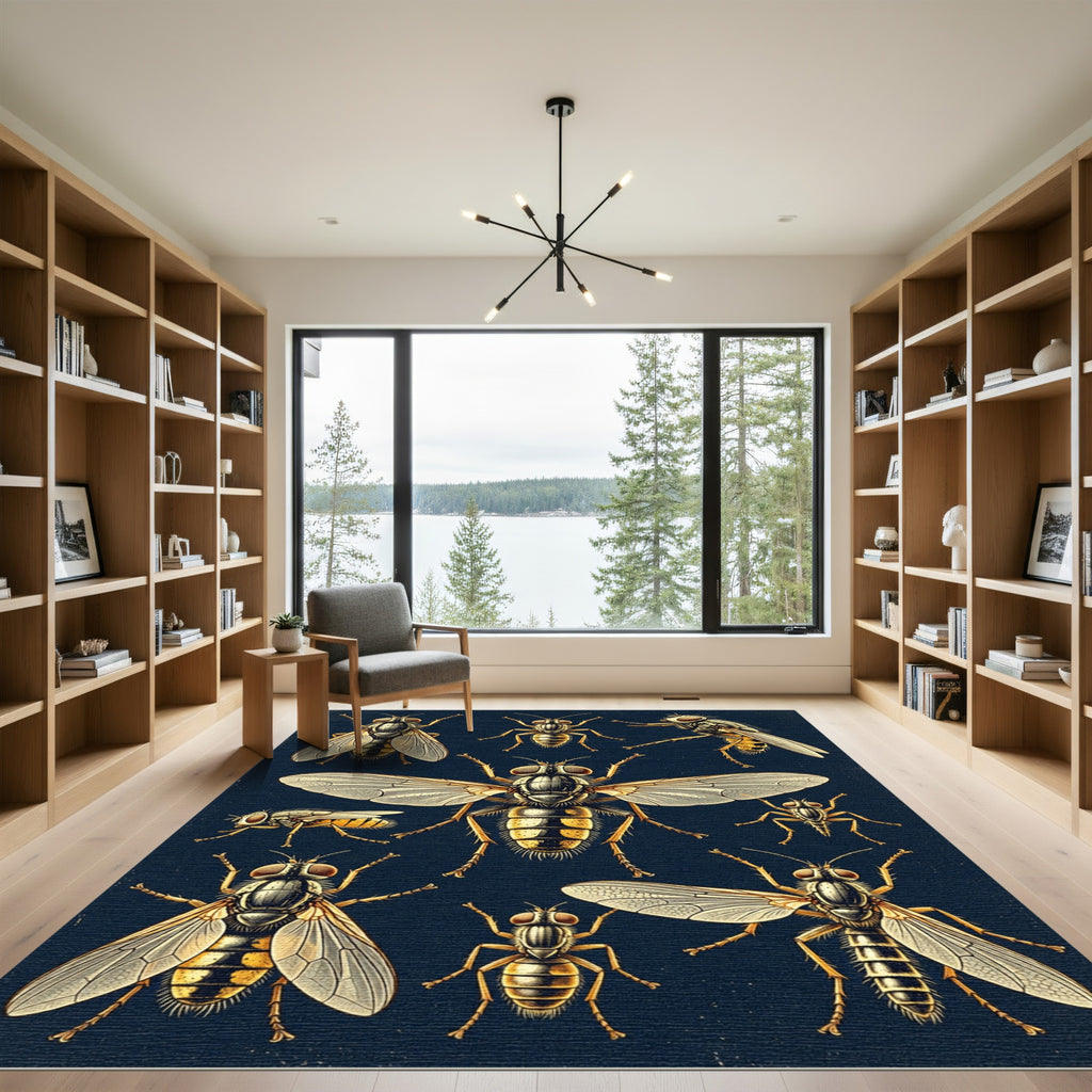 Entomological Golden Fly Illustration Art Rug