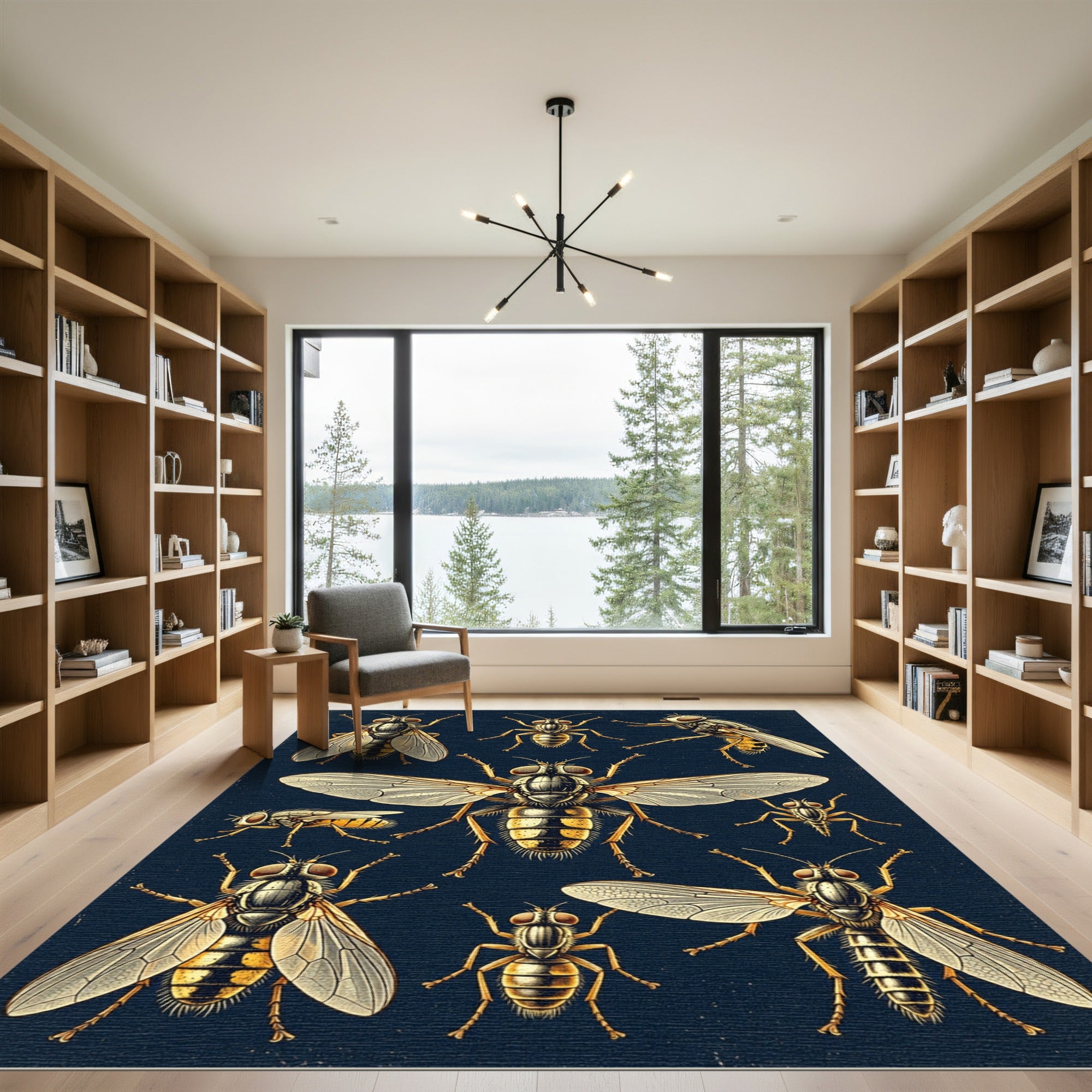 Entomological Golden Fly Illustration Art Rug