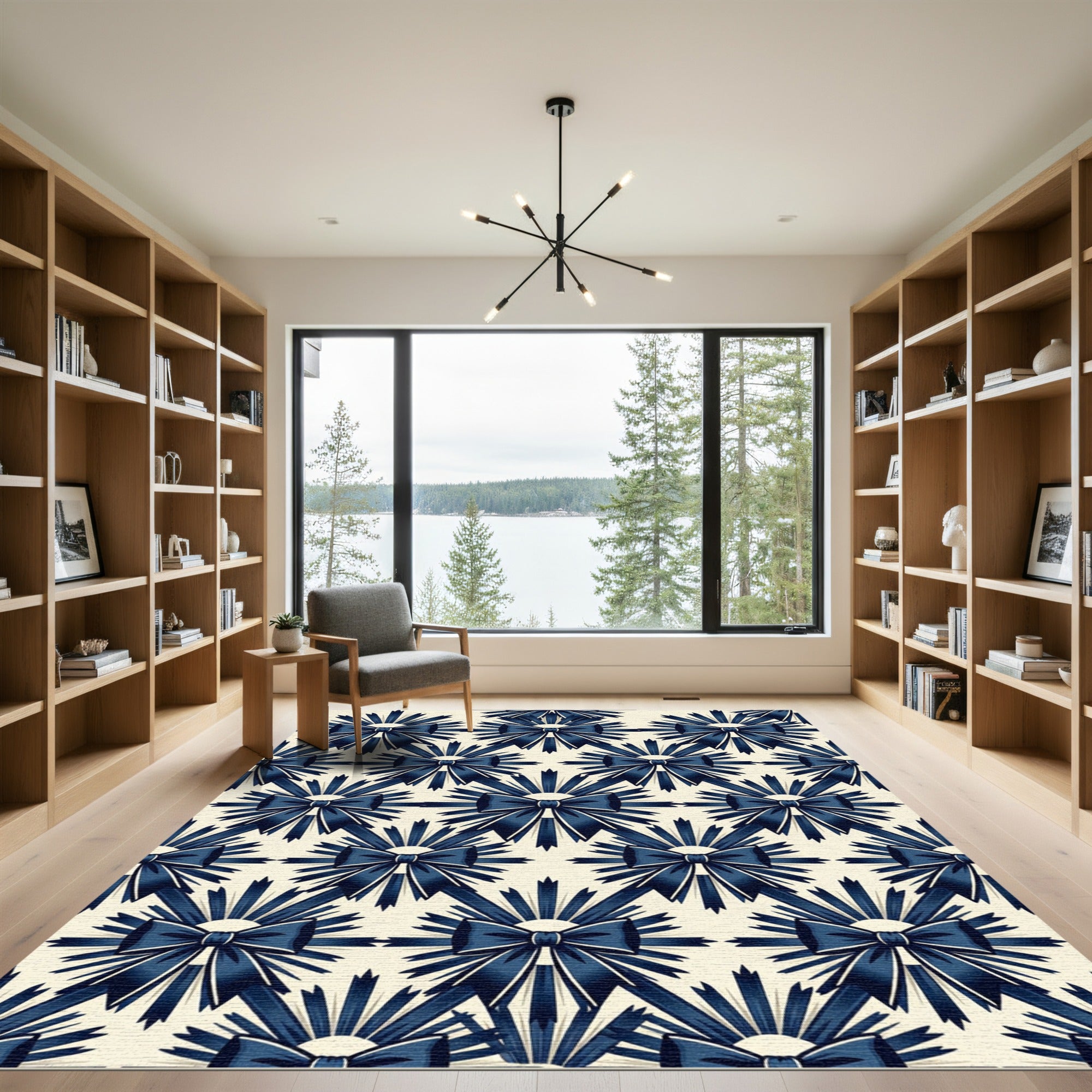 Elegant Navy Bow Sunburst Lattice Rug