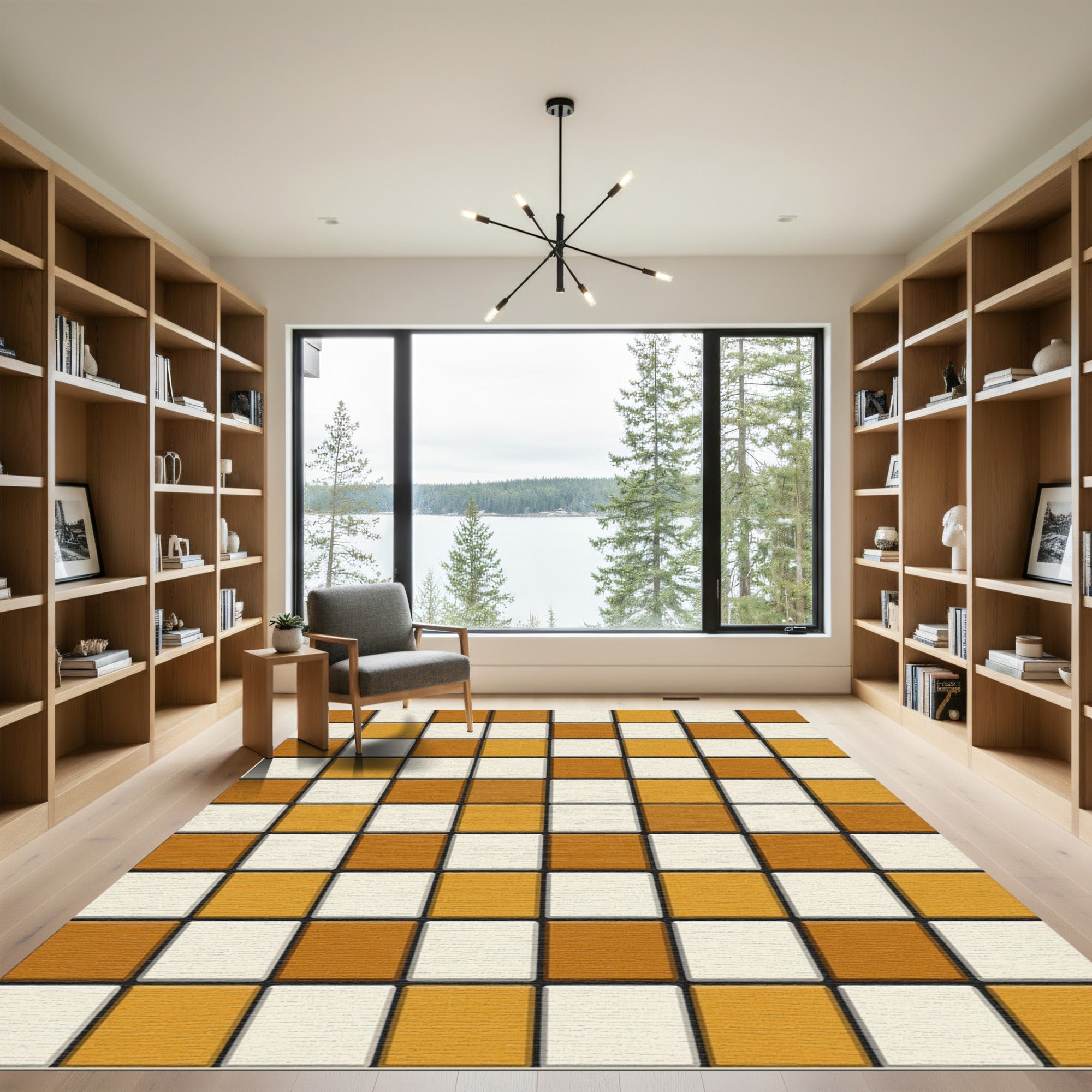 Checkerboard Tan White Squares Rug