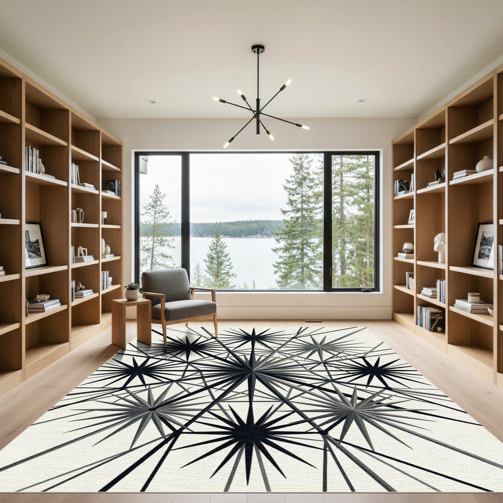 Monochrome Geometric Celestial Starburst Rug
