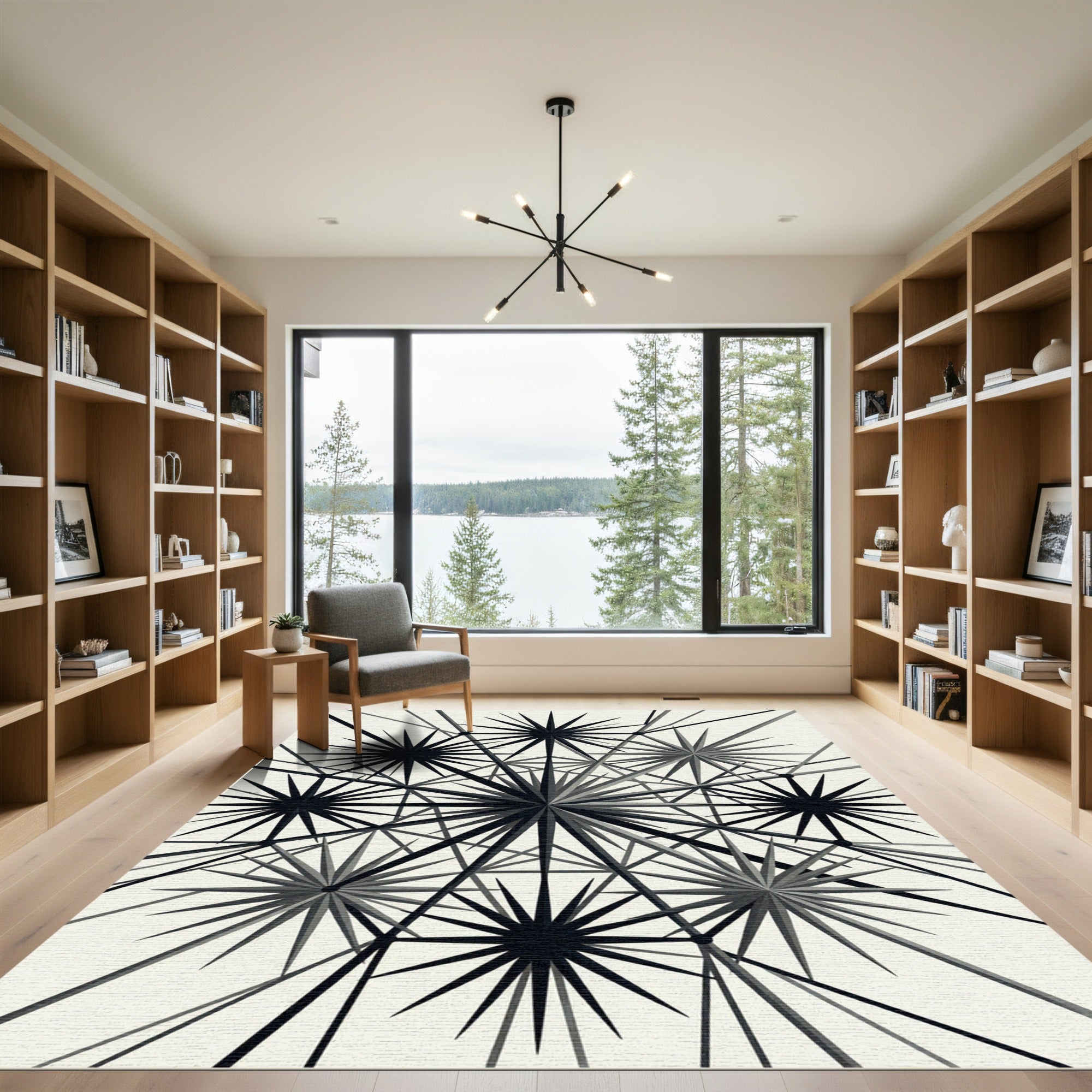 Monochrome Geometric Celestial Starburst Rug