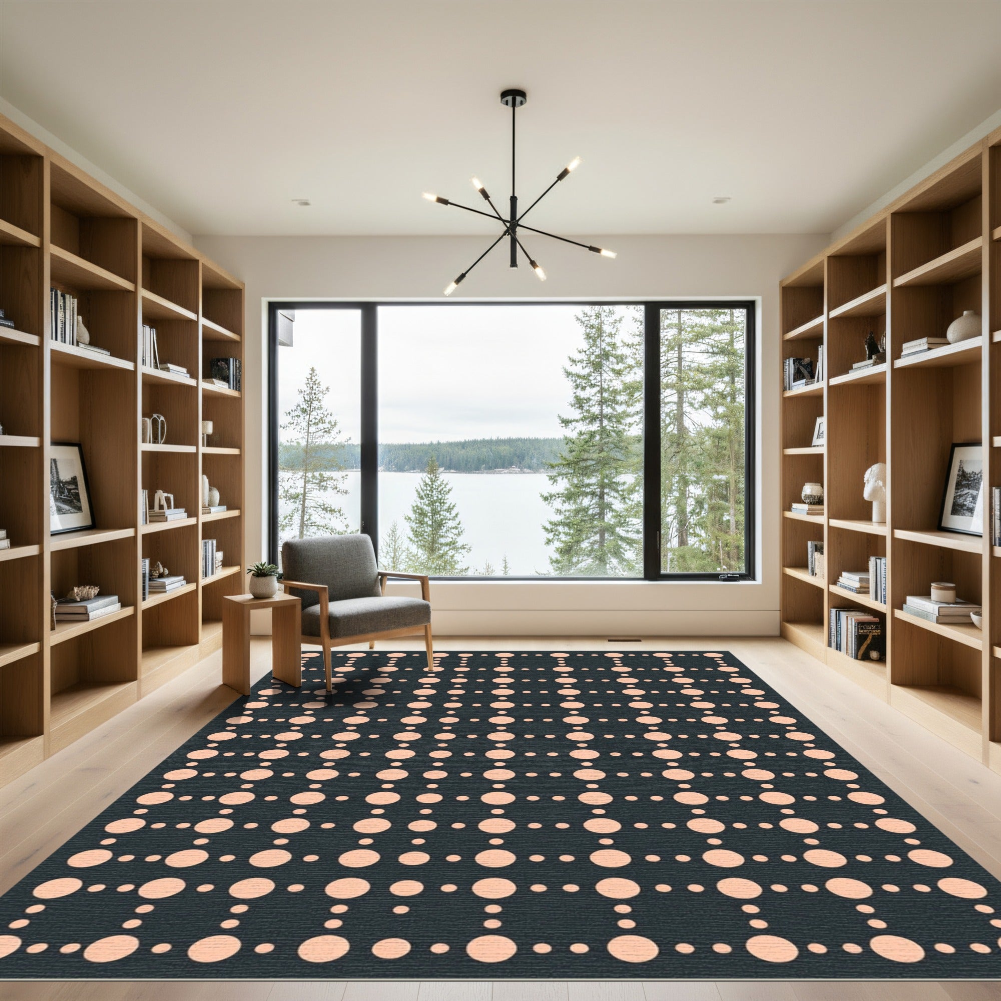 Peach Circles Grid Dark Background Rug