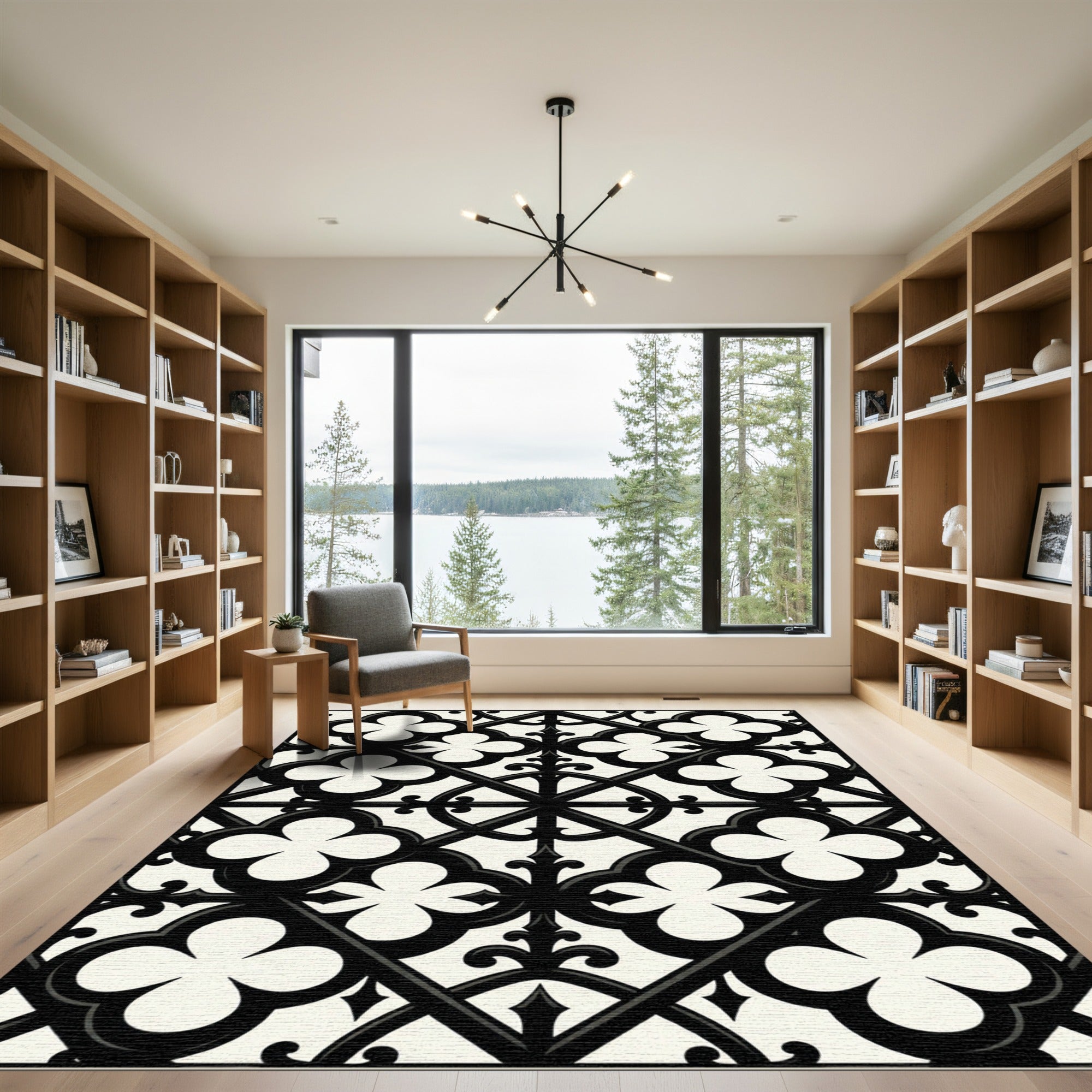 Black and White Gothic Quatrefoil Grid Rug