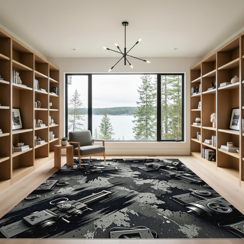 Industrial Monochrome Abstract Machinery Spill Rug