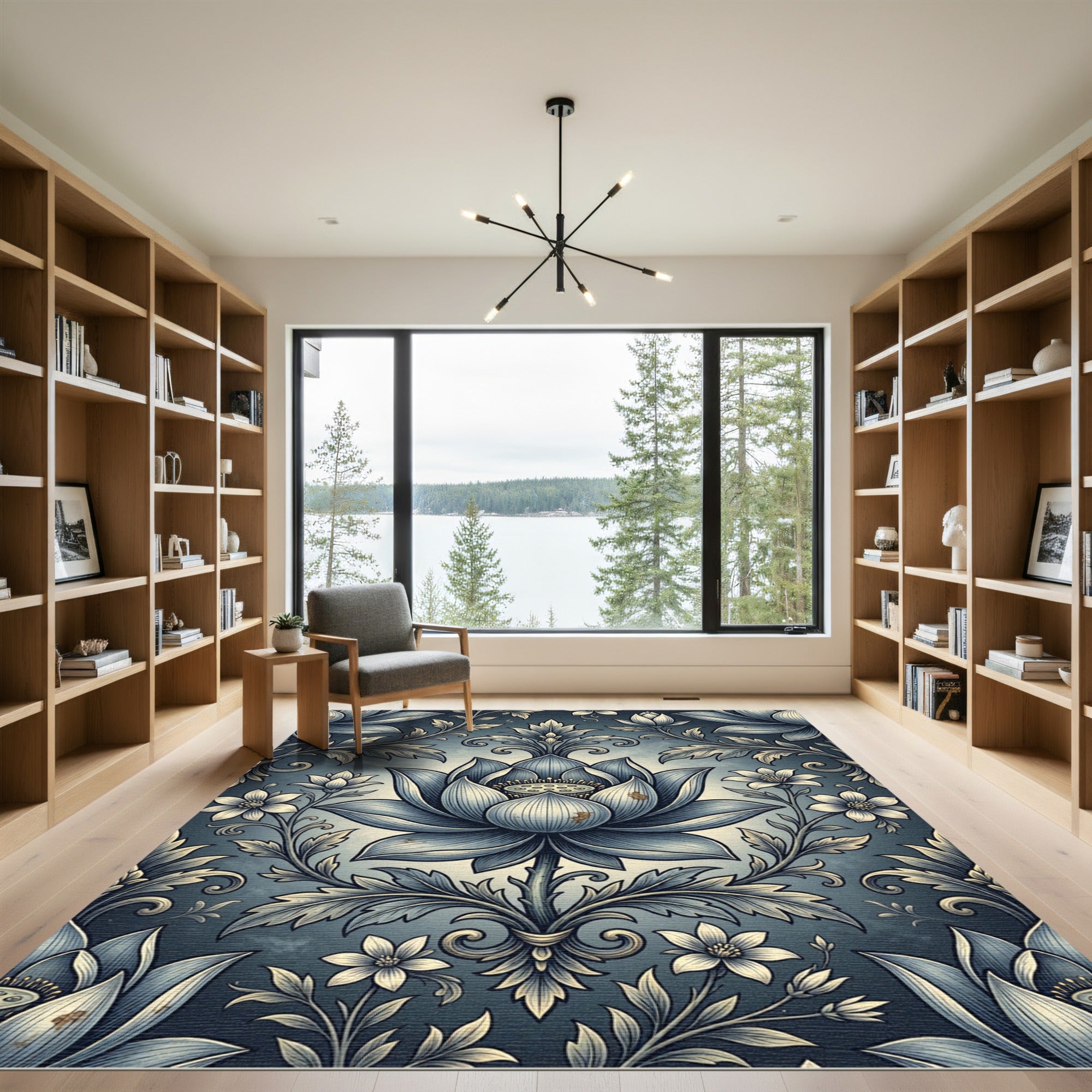 Elegant Blue Lotus Floral Damask Rug