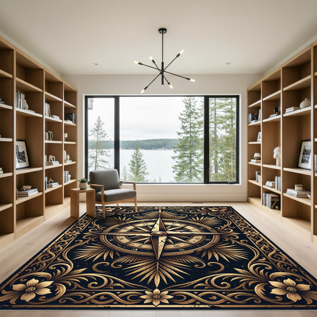 Gilded Nautical Compass Floral Scroll Rug