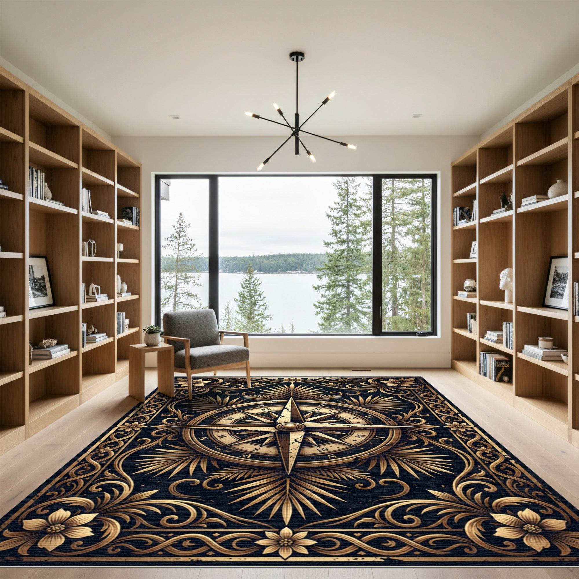 Gilded Nautical Compass Floral Scroll Rug