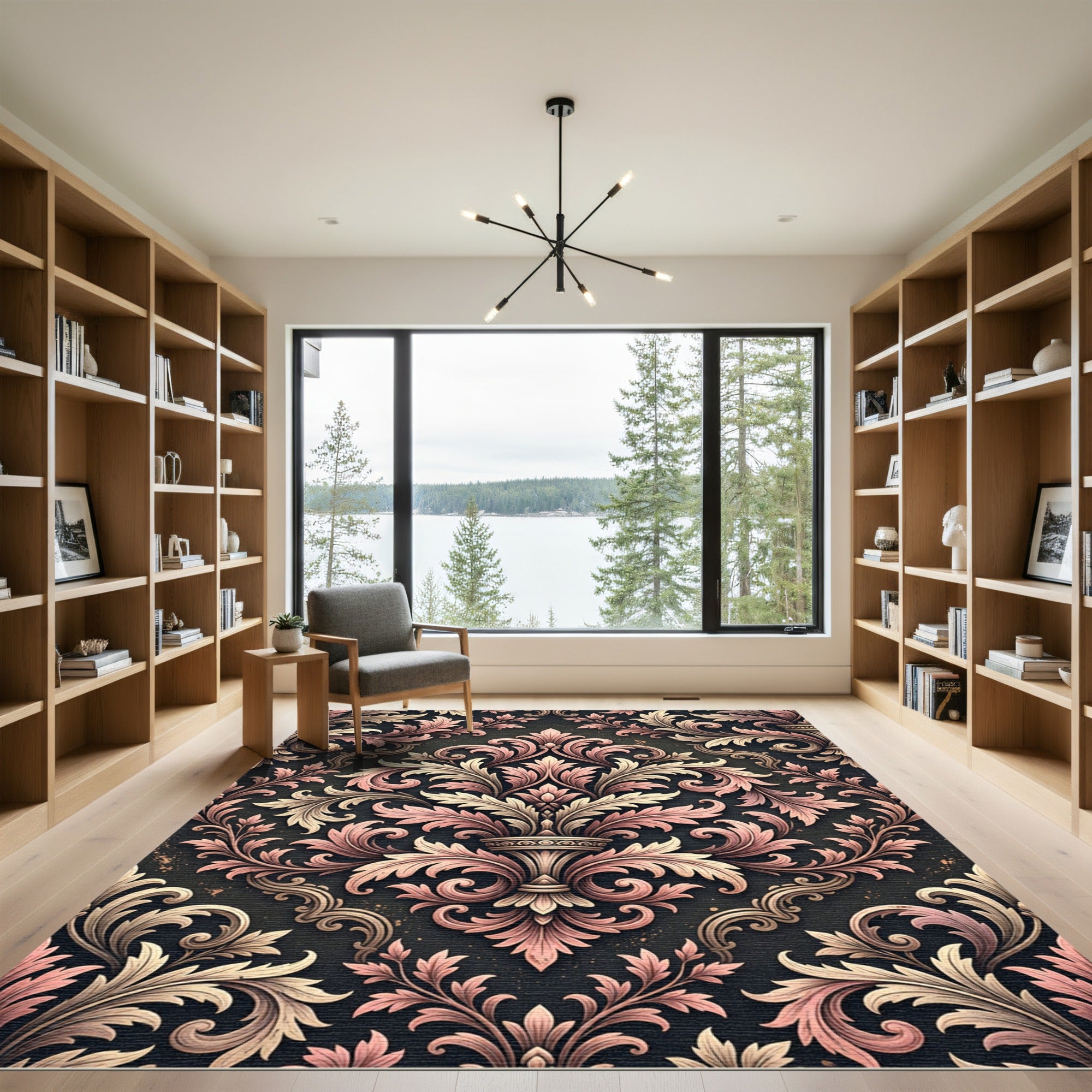 Elegant Mauve Floral Damask Scroll Rug