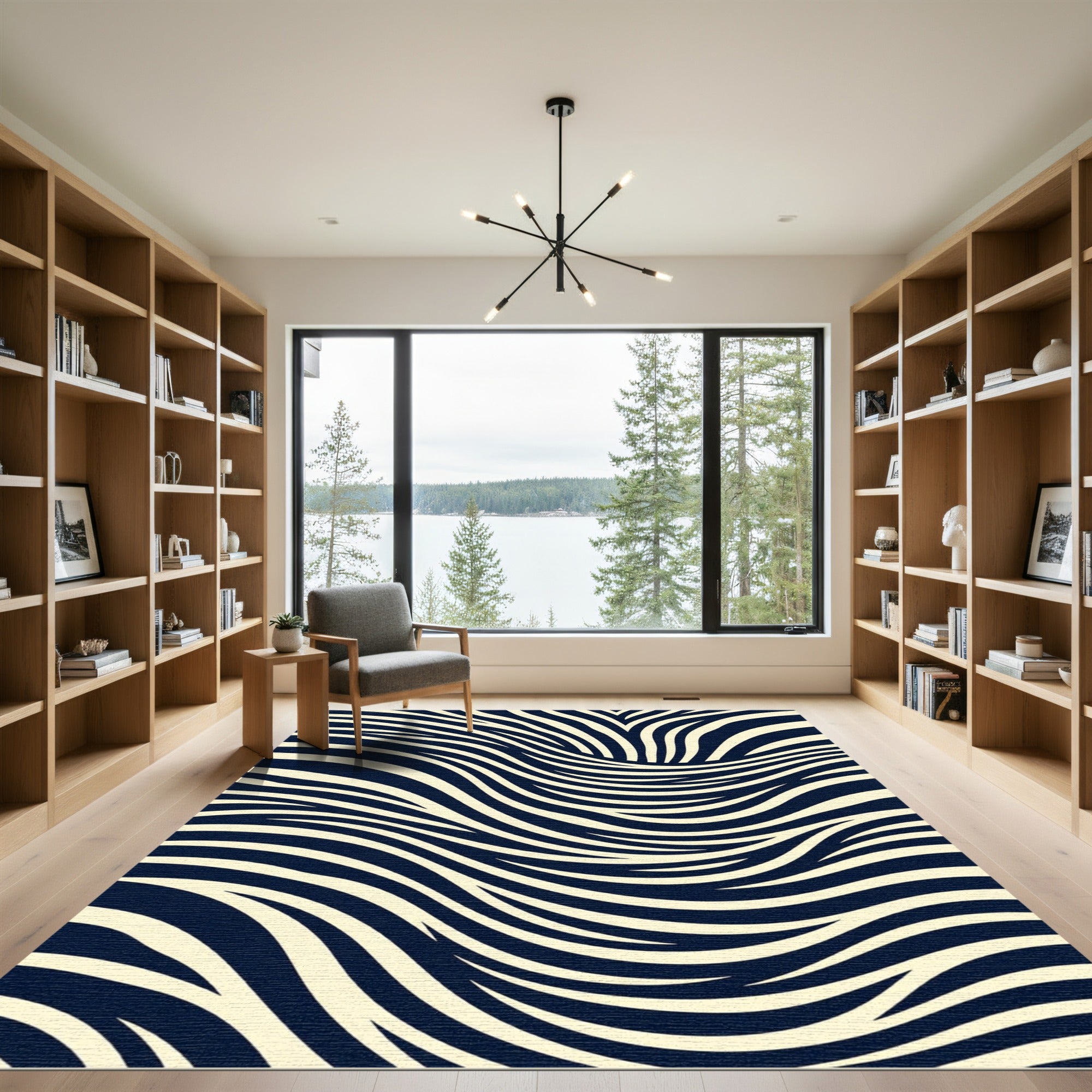 Modern Navy and Cream Wavy Stripe Rug