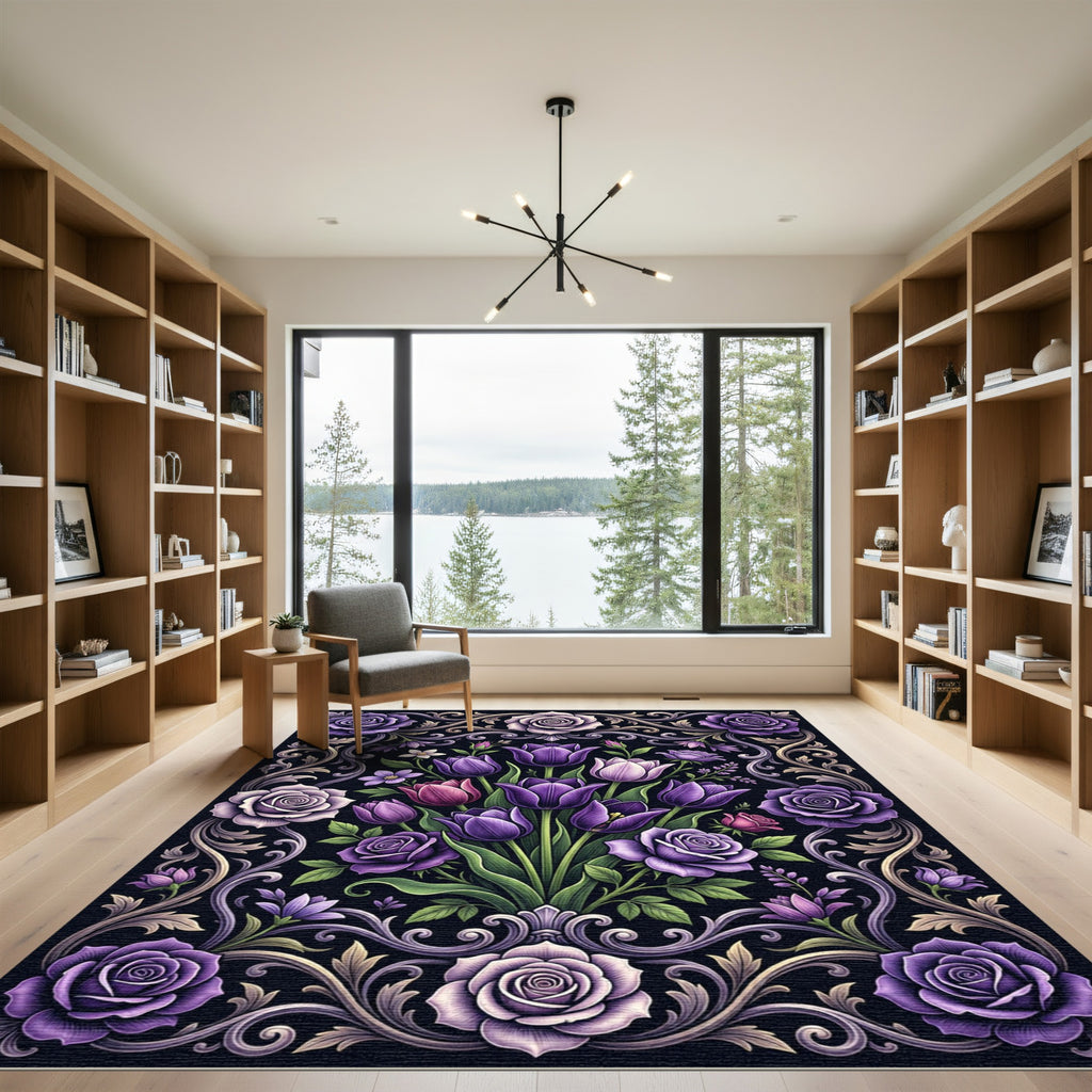 Elegant Regal Purple Floral Rose Bouquet Rug