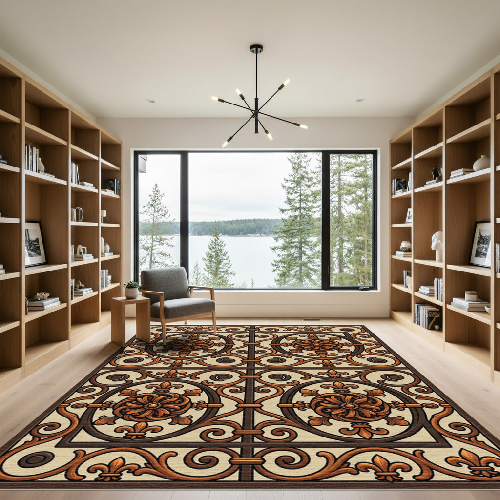 Ornate Brown Medallion Fleur-de-lis Grid Rug