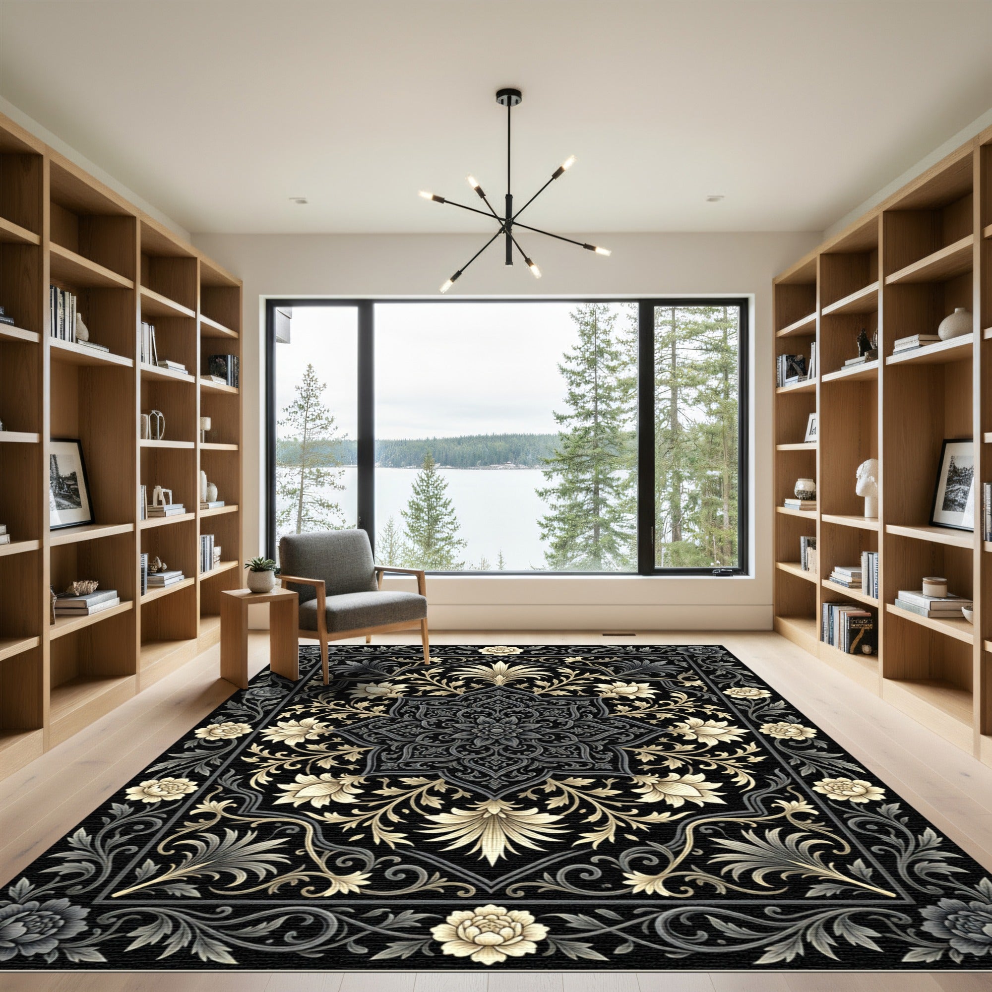 Elegant Gold Black Floral Medallion Rug