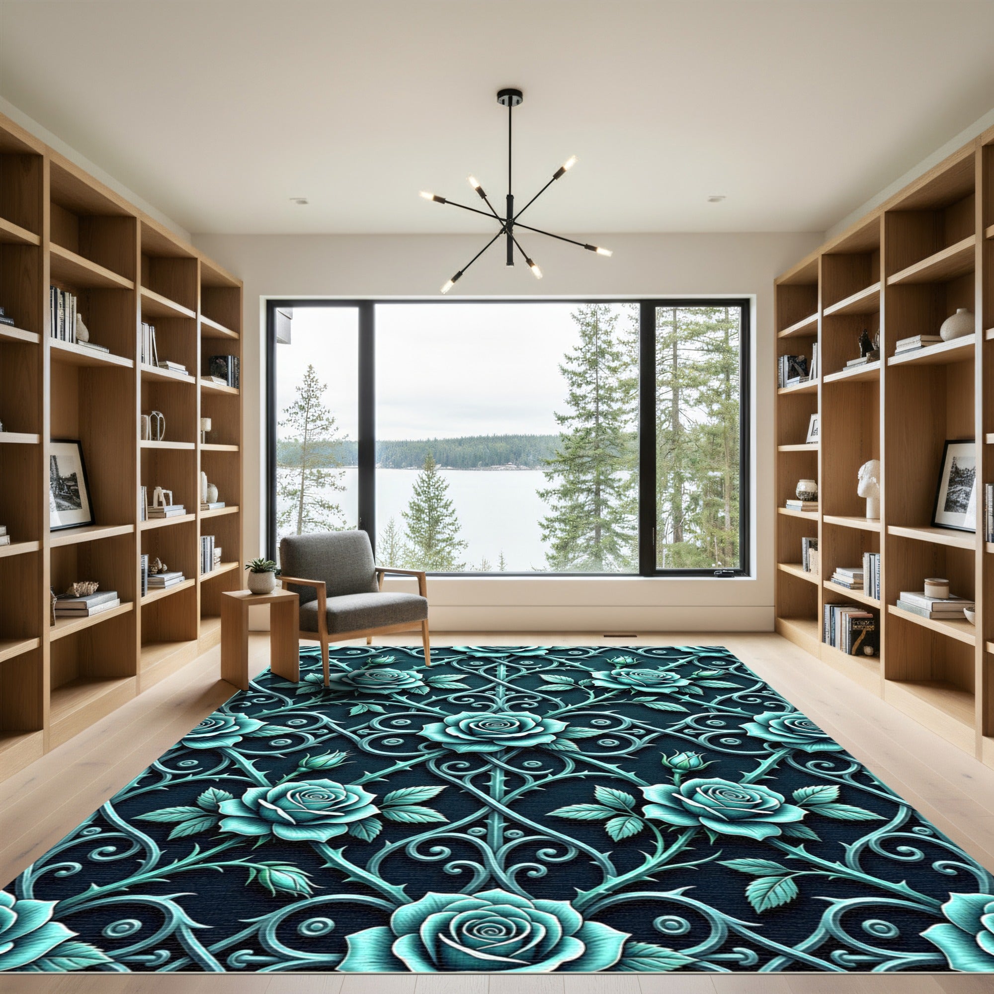 Gothic Teal Rose Trellis Ironwork Rug