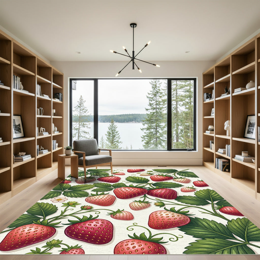 Vibrant Strawberry Botanical Berry Illustration Rug
